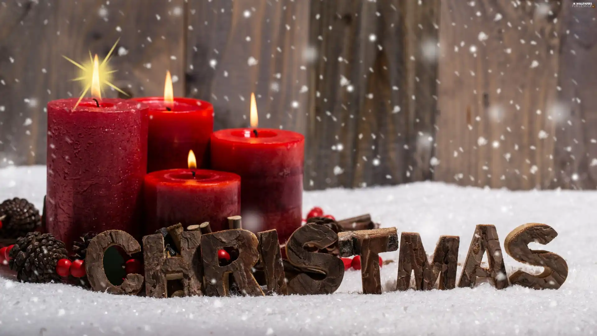 snow, Candles, Christmas, cones, Red, decoration, Christmas