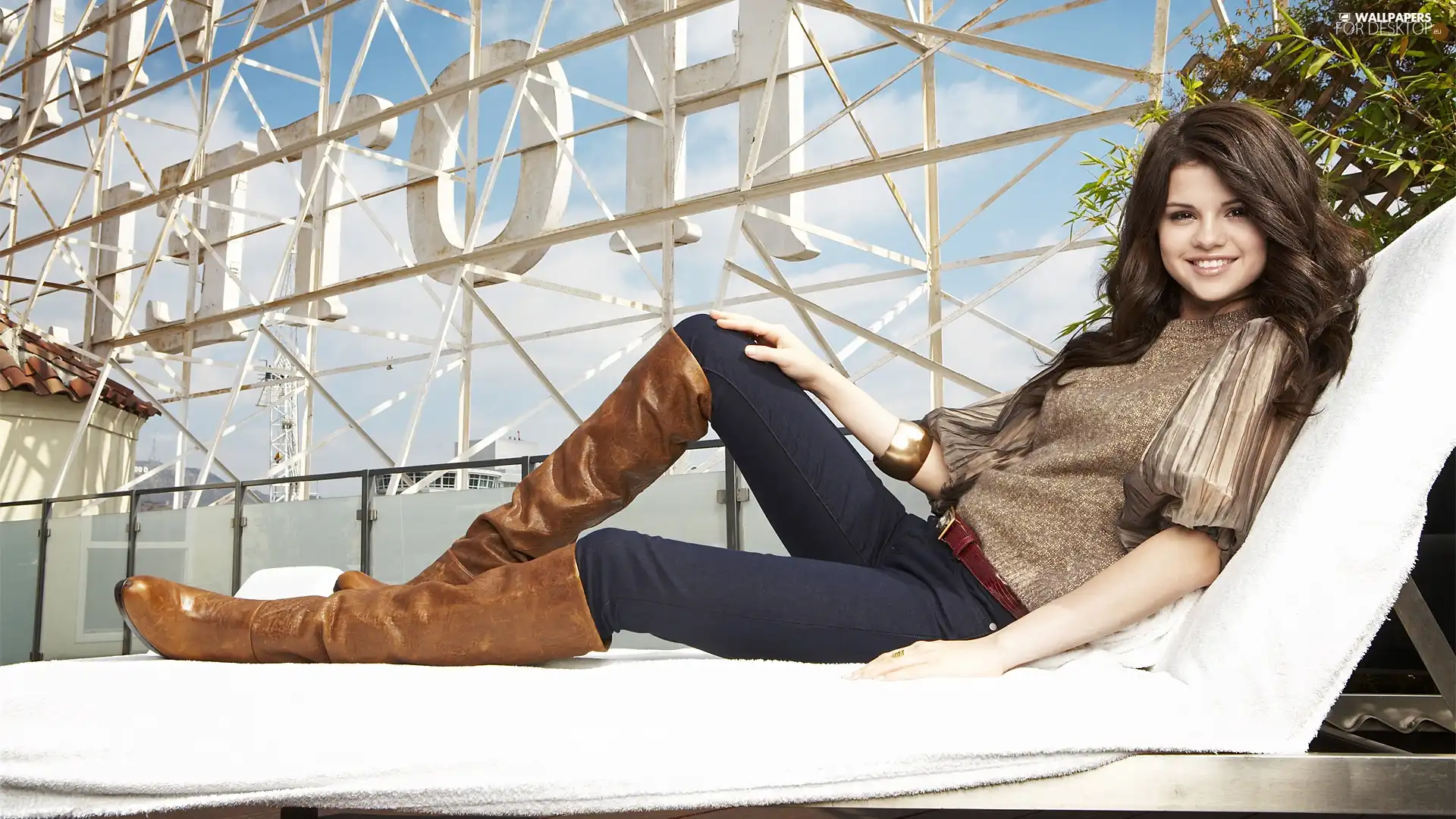 high boots, Hotel hall, Selena Gomez, hammock chair, smiling