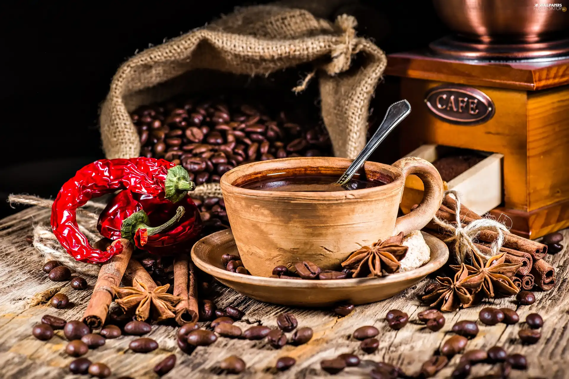 grains, bag, cup, mill, coffee