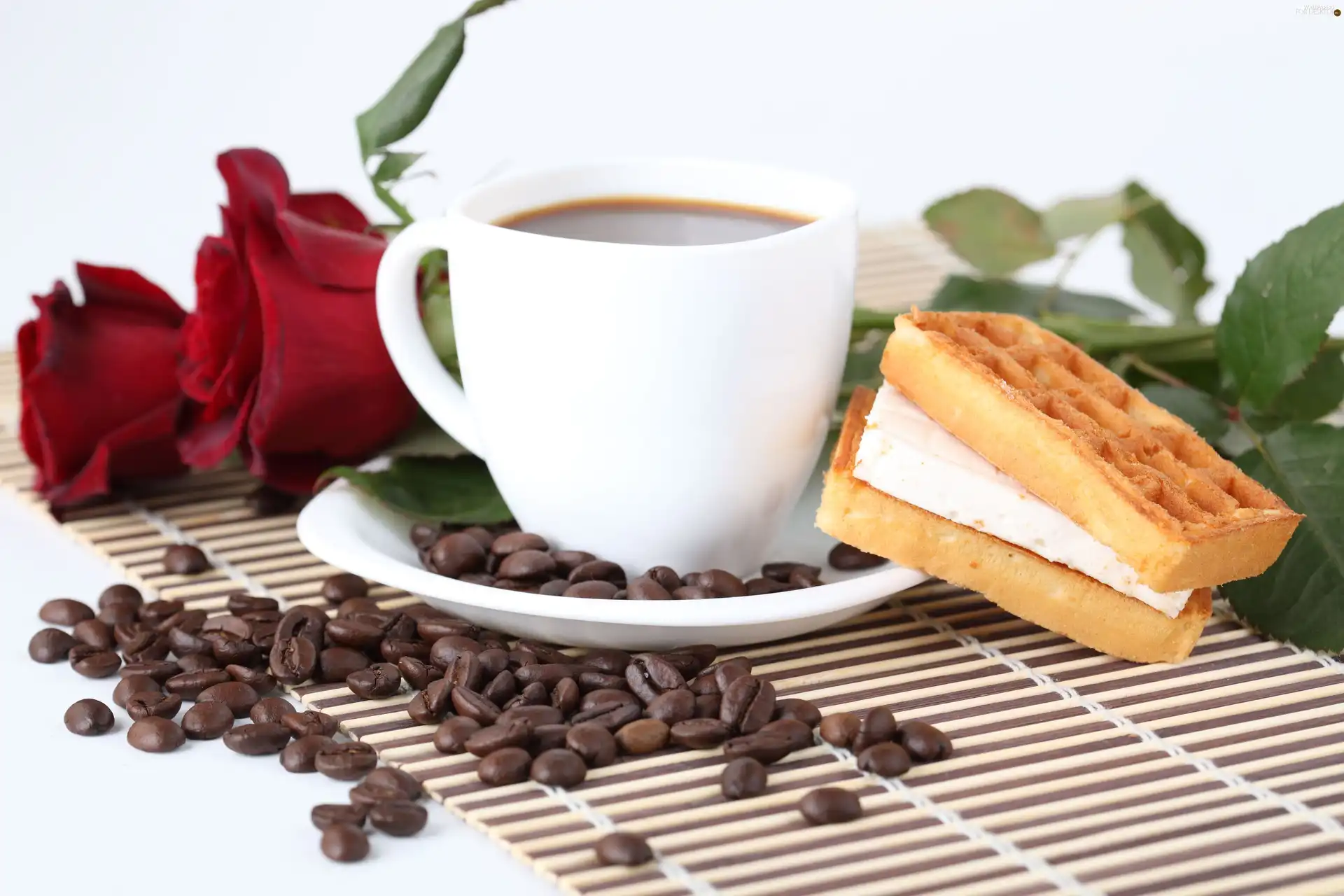 cup, roses, grains, coffee, coffee, waffles