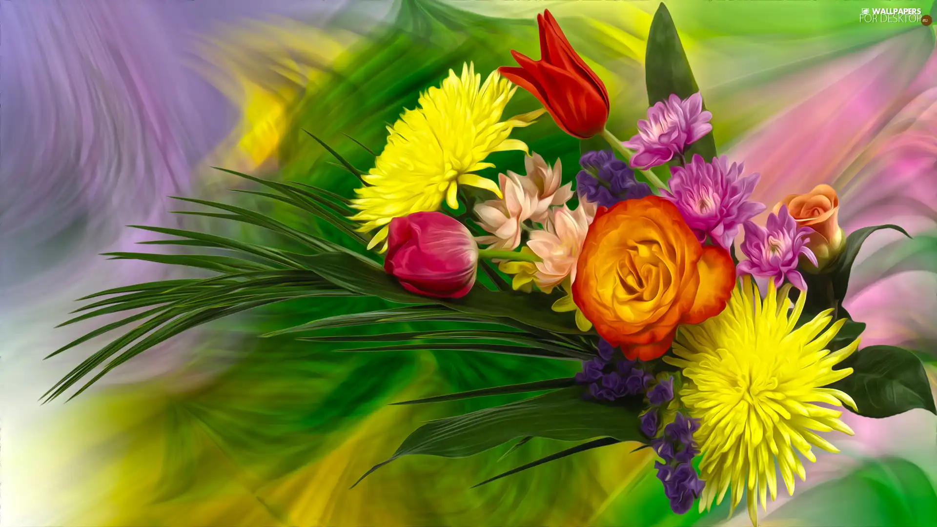 Flowers, graphics, Colorful Background, bouquet
