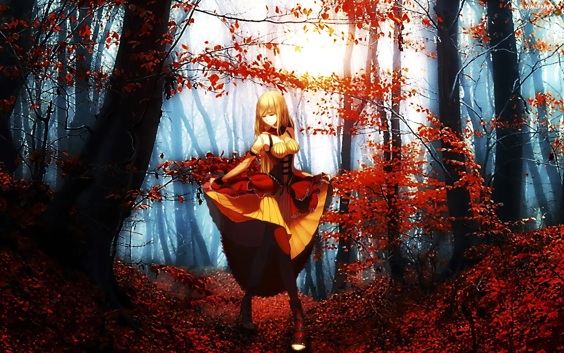 forest, Women, graphics, autumn