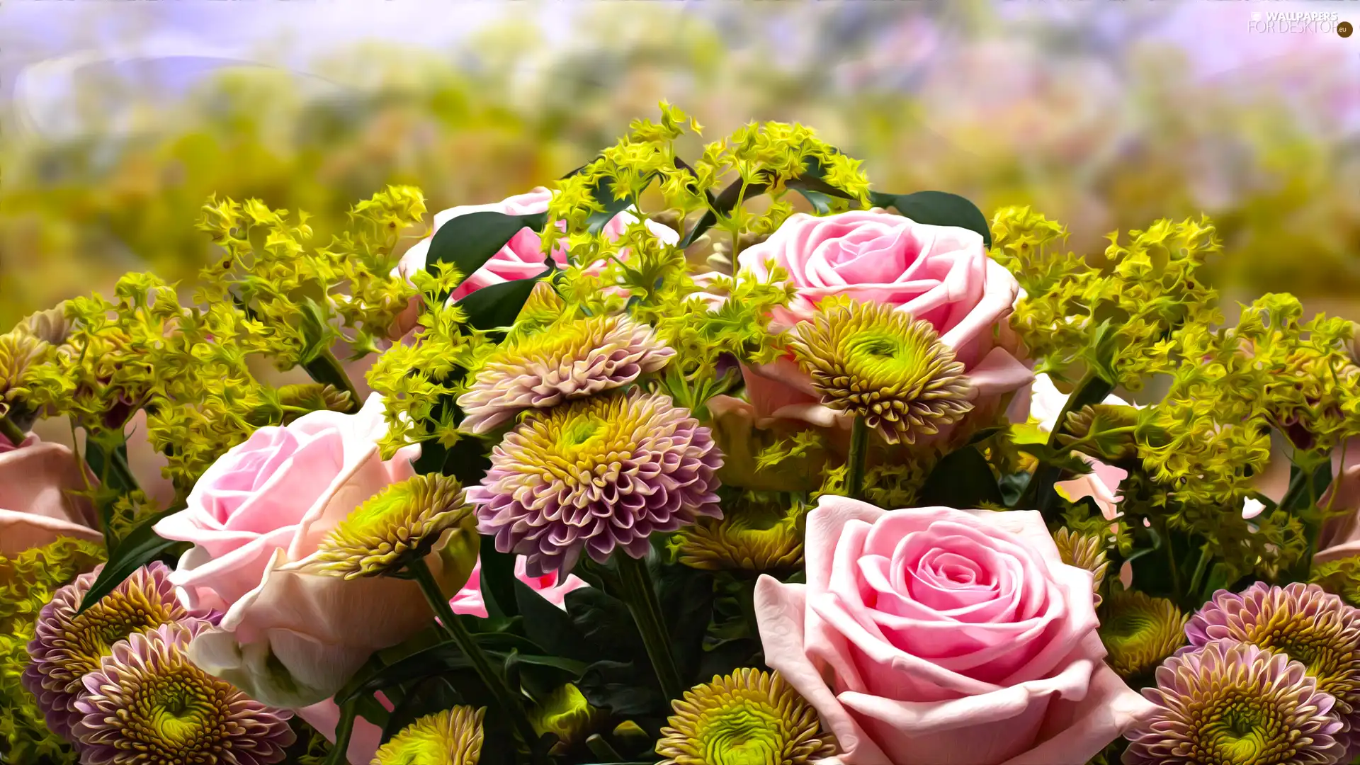 bouquet, graphics, roses, dahlias, Flowers