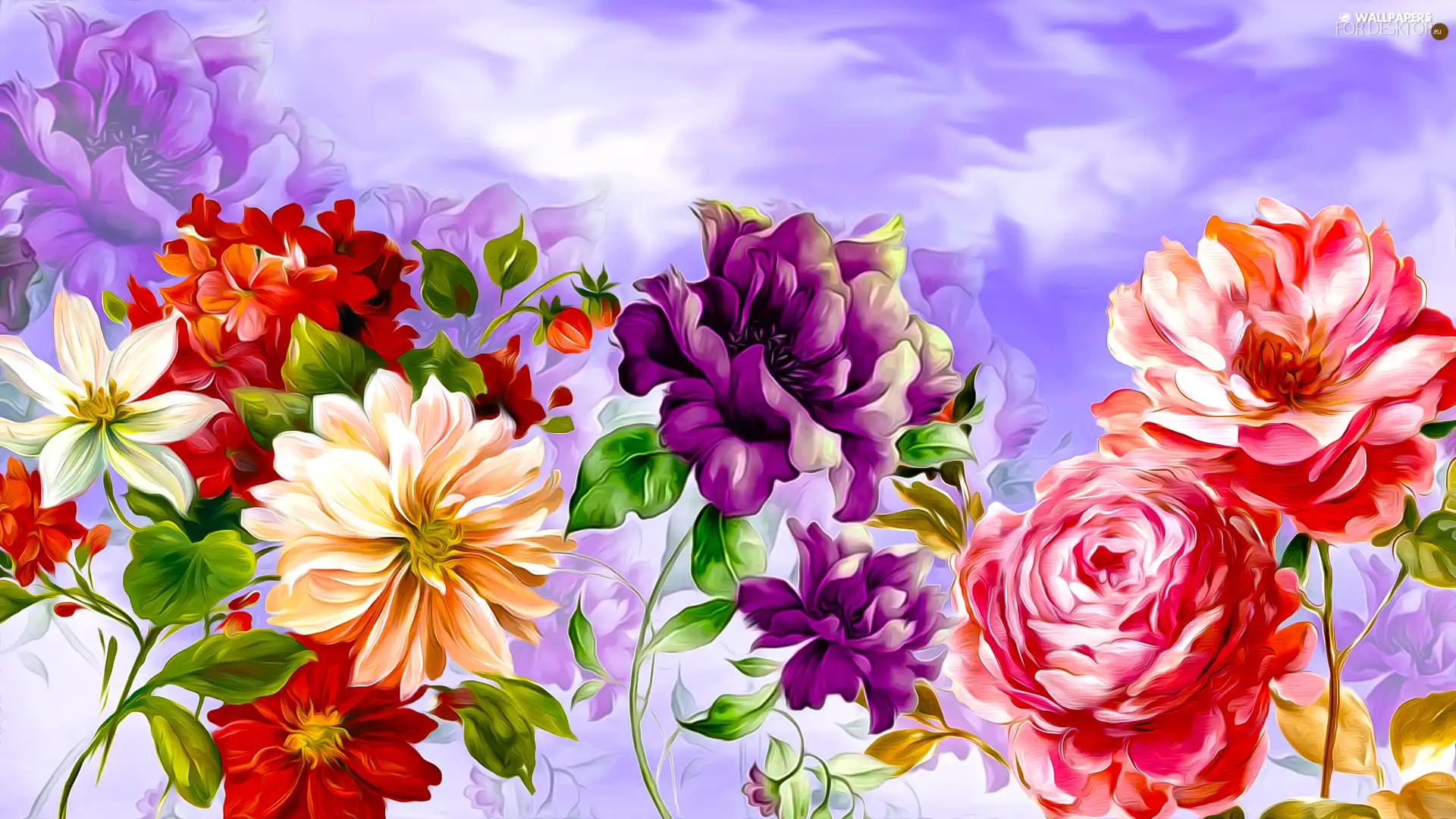 Flowers, graphics, Yellow, purple, Red