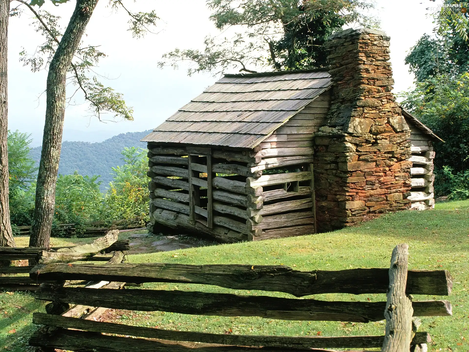 trees, Cottage, grass, Fance, viewes, chimney