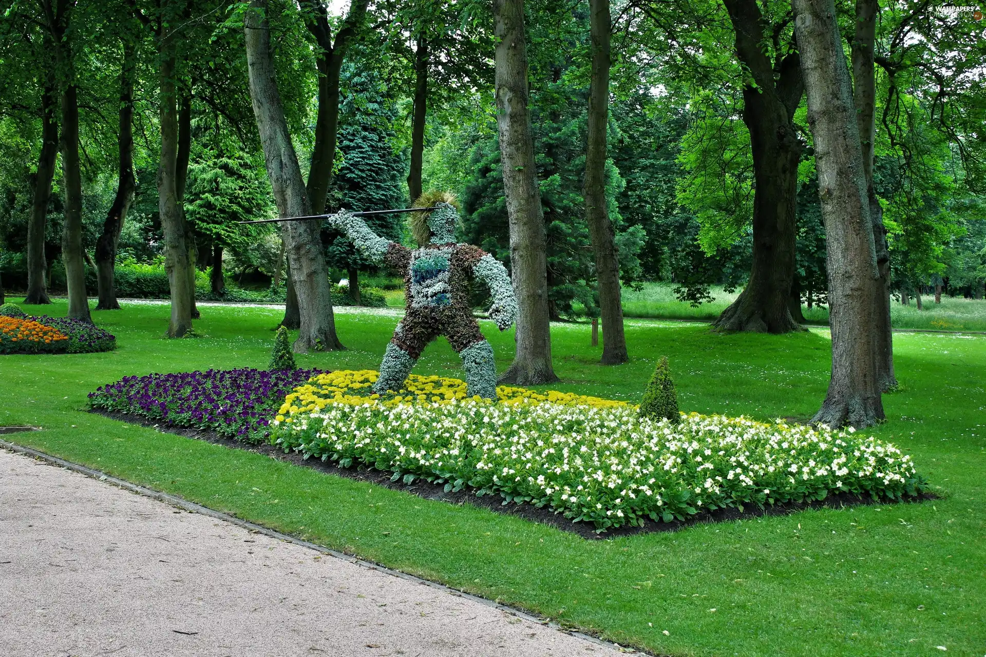 grass, Flowers, trees, viewes, Park