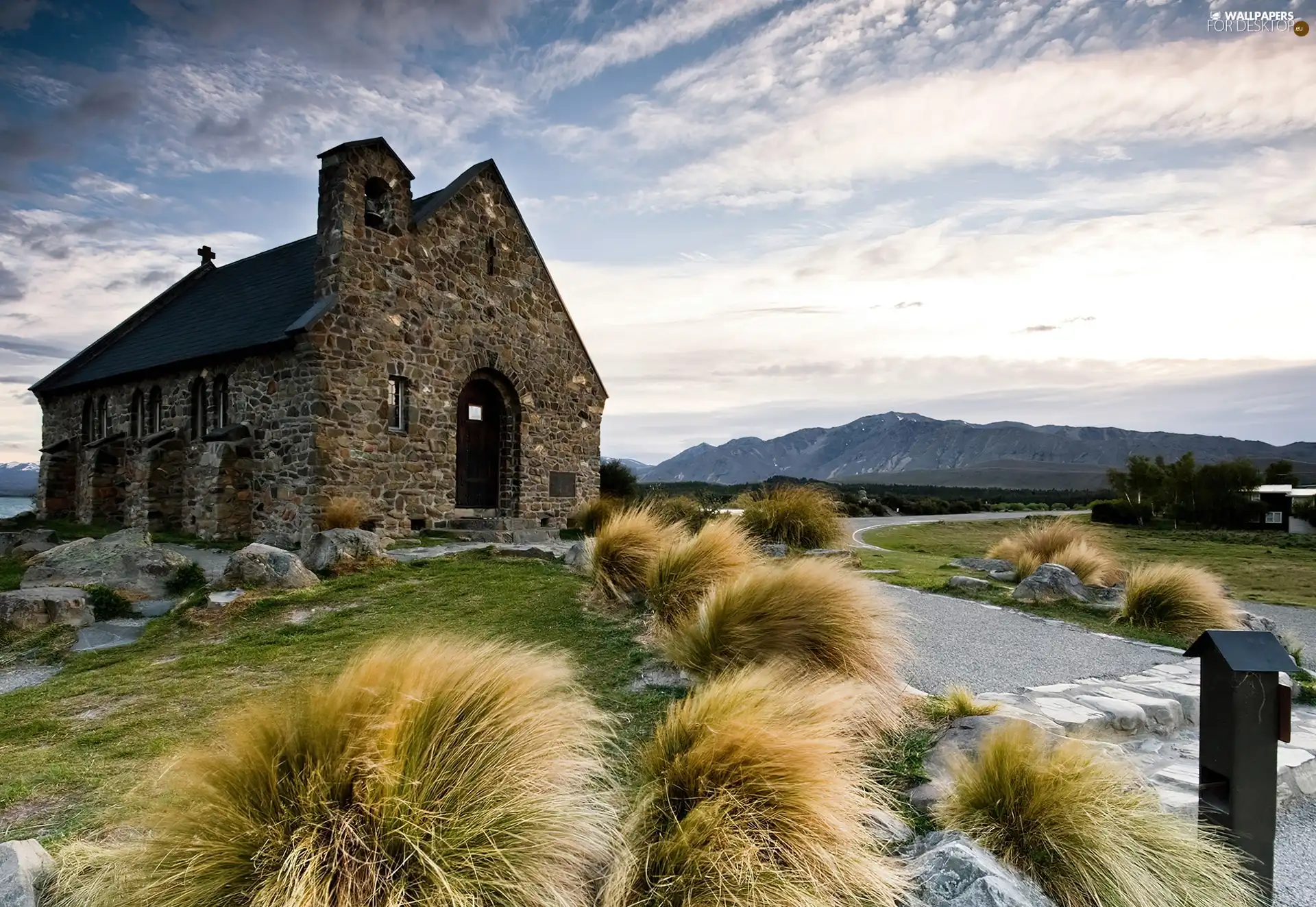 grass, Church, River