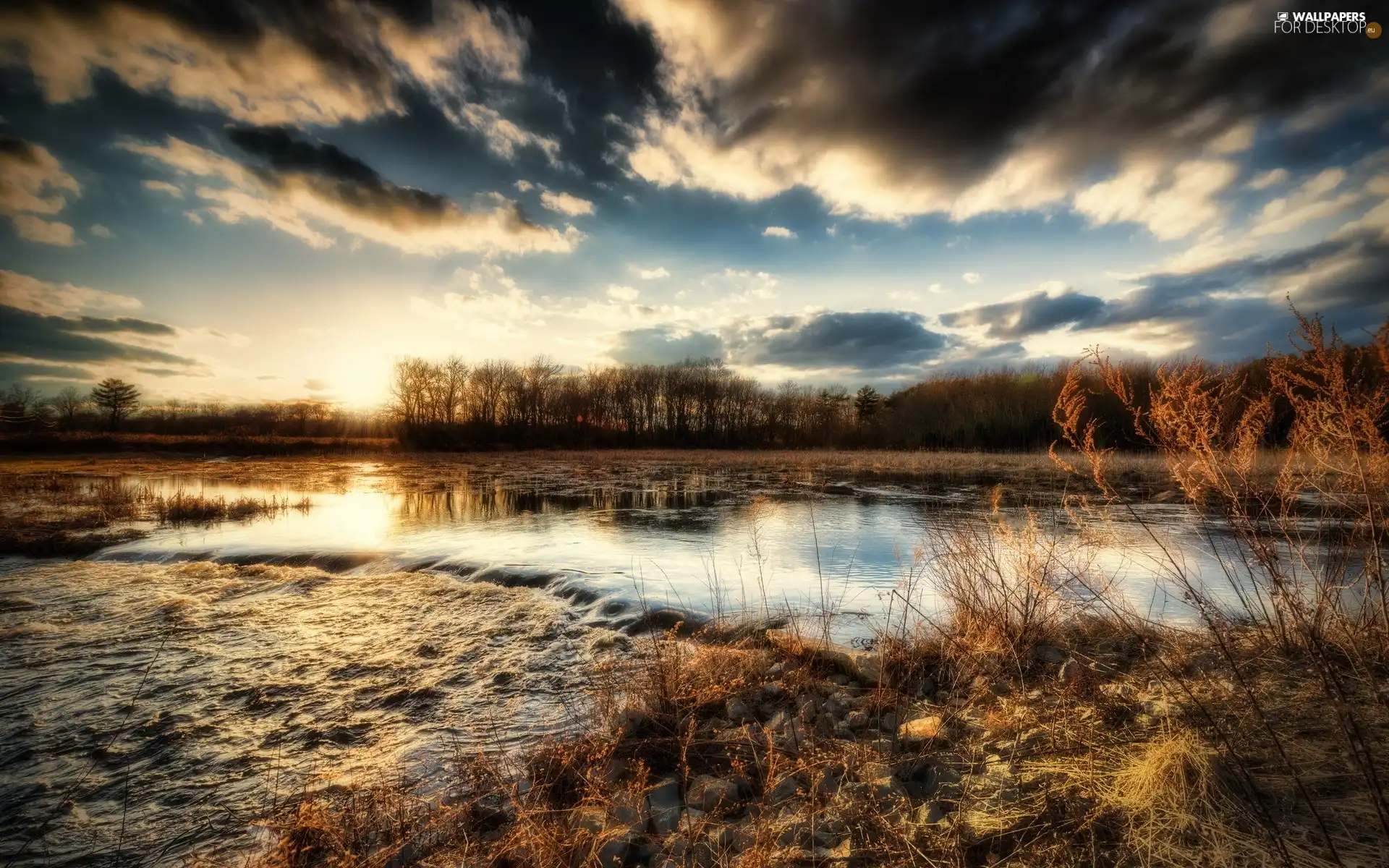 grass, clouds, River