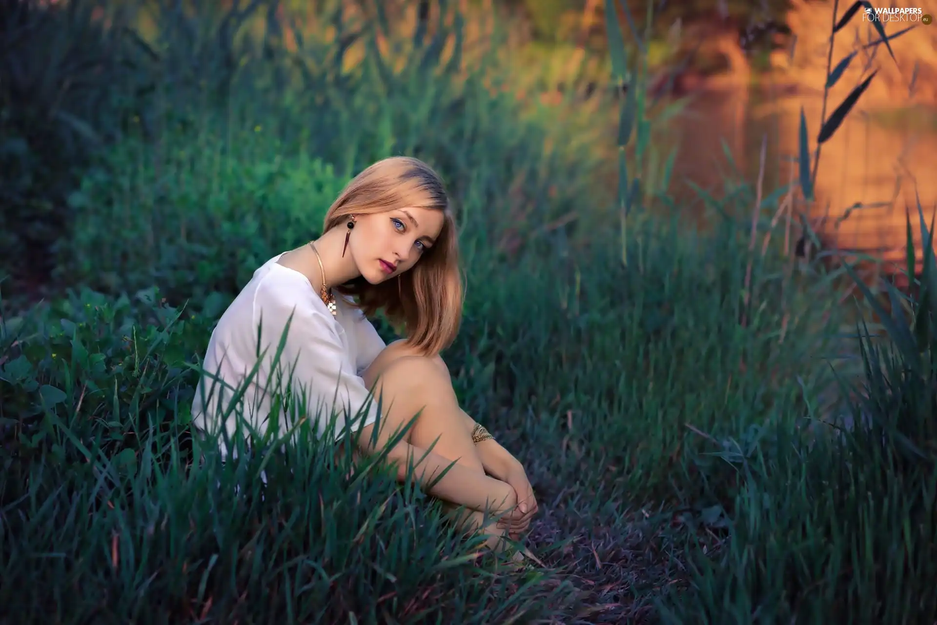 sad, River, grass, girl