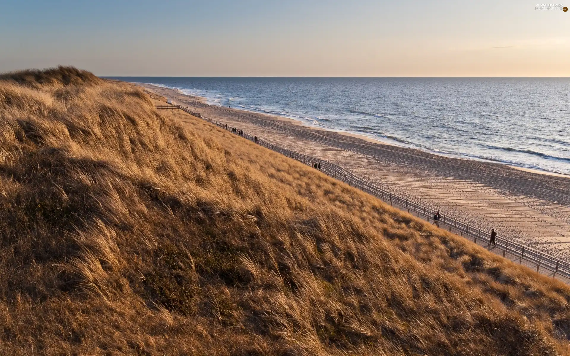 sea, promenade, grass, Beaches