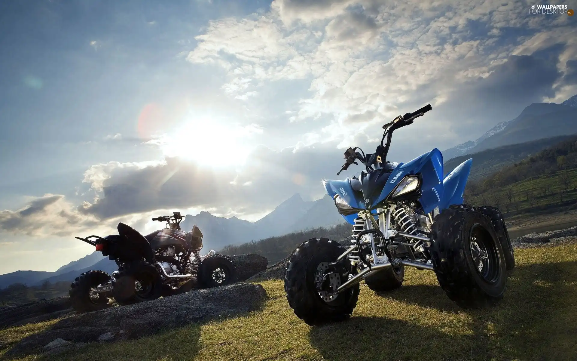 grass, Sky, Quady, boulders, Two cars