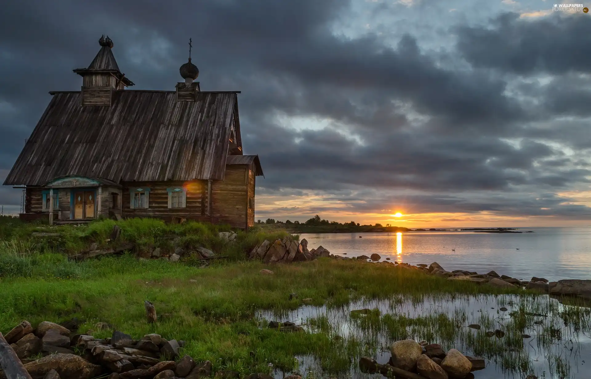 lake, wooden, west, Church, Ukraine, grass, sun