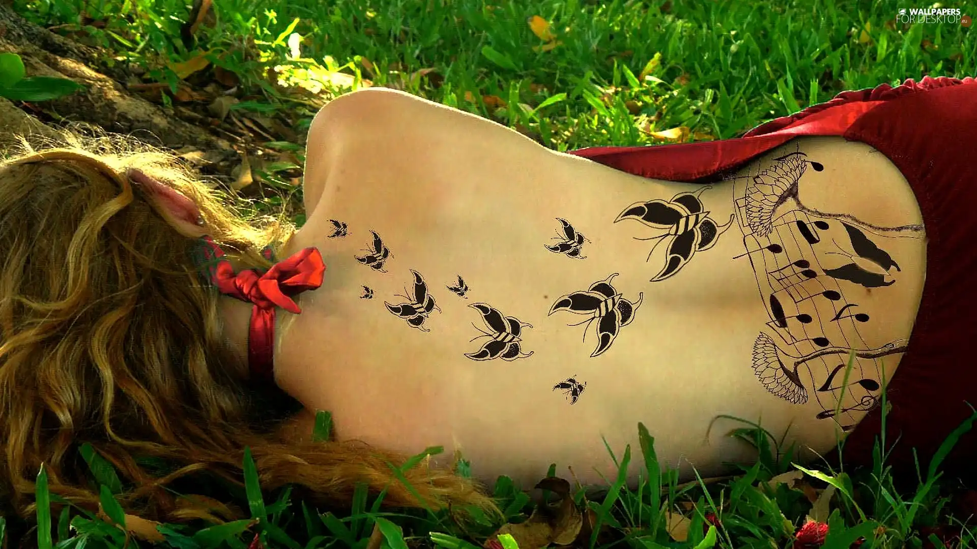 Women, musical, grass, Tattoo