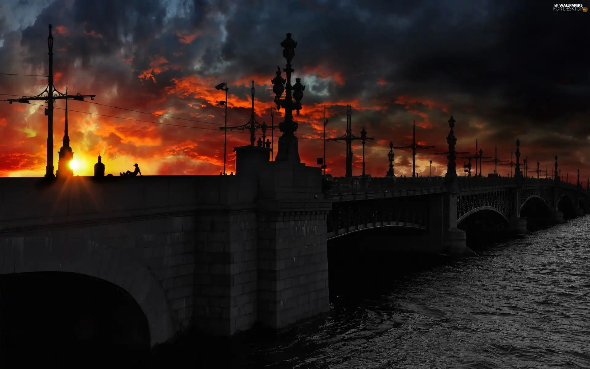 bridge, clouds, Great Sunsets, River