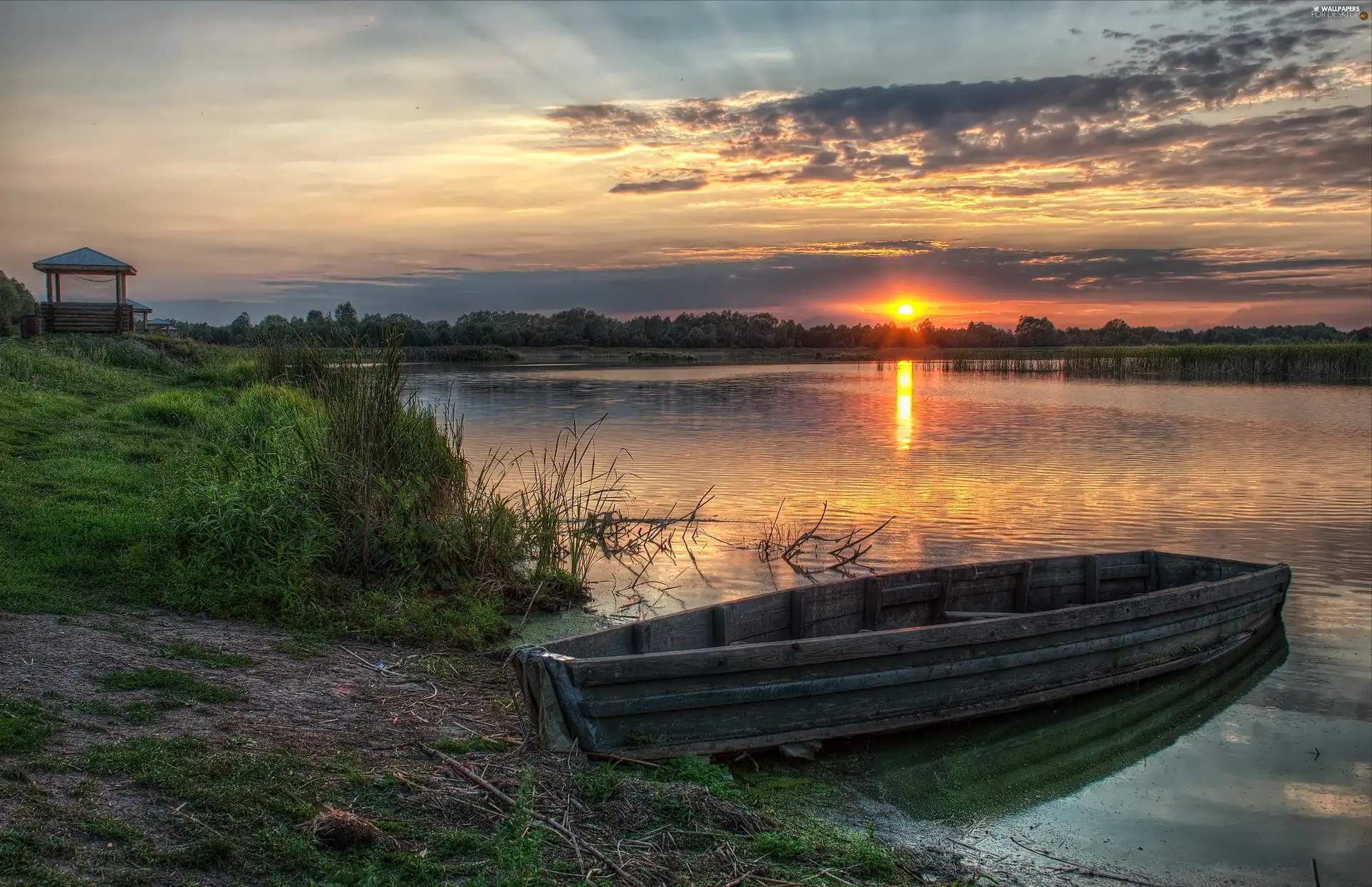 lake, coast, Great Sunsets, Boat