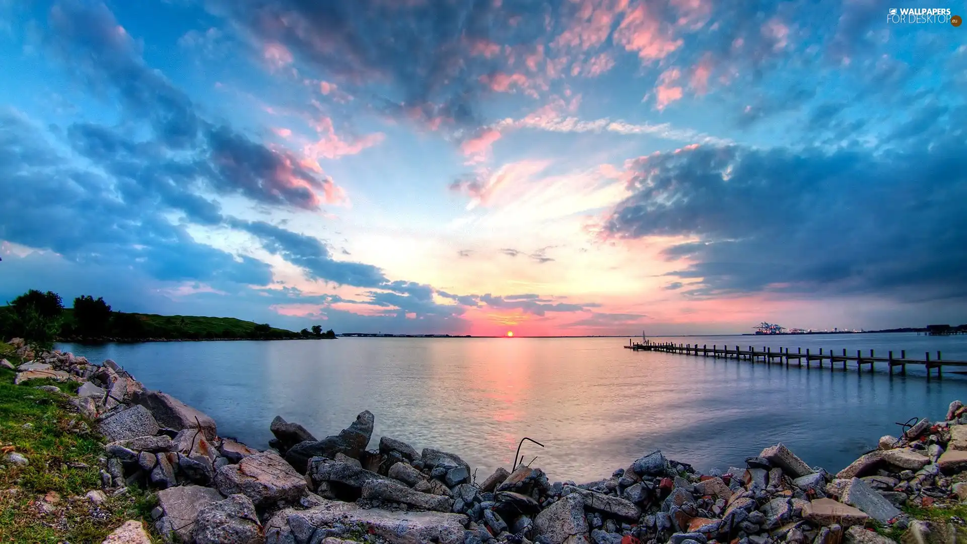 lake, Platform, Great Sunsets, Stones