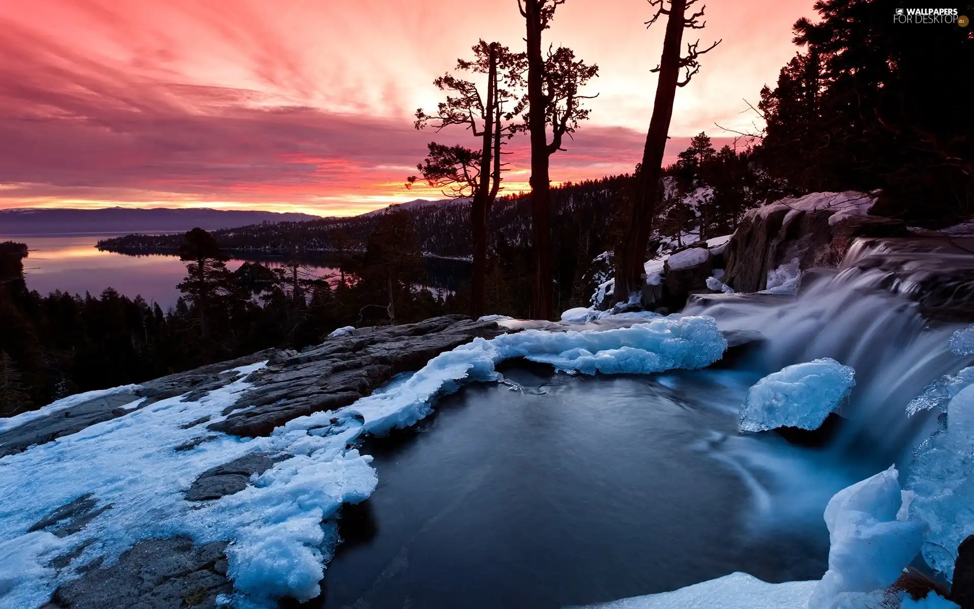 lake, waterfall, Great Sunsets, freezing