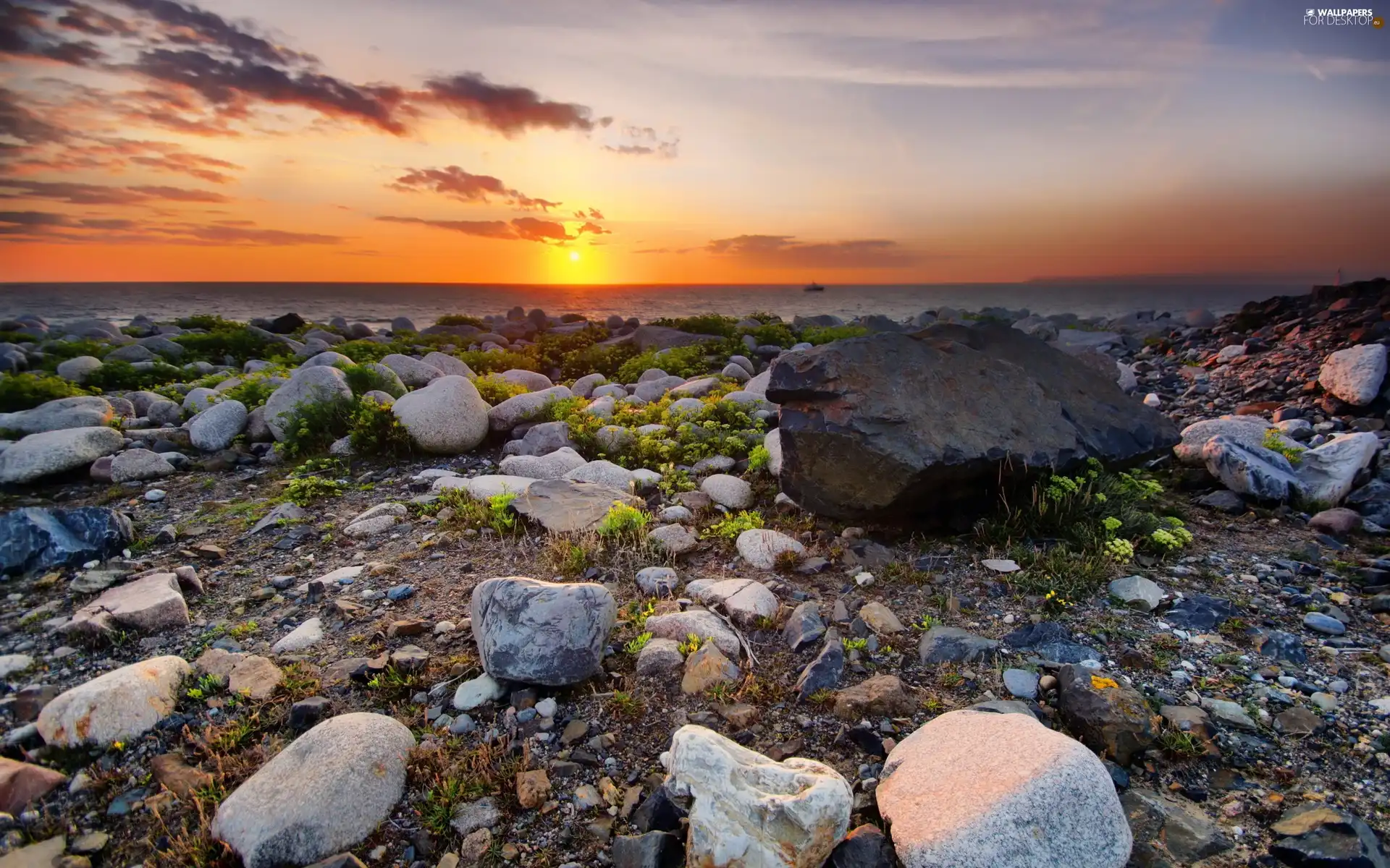 Stones, Coast, Great Sunsets