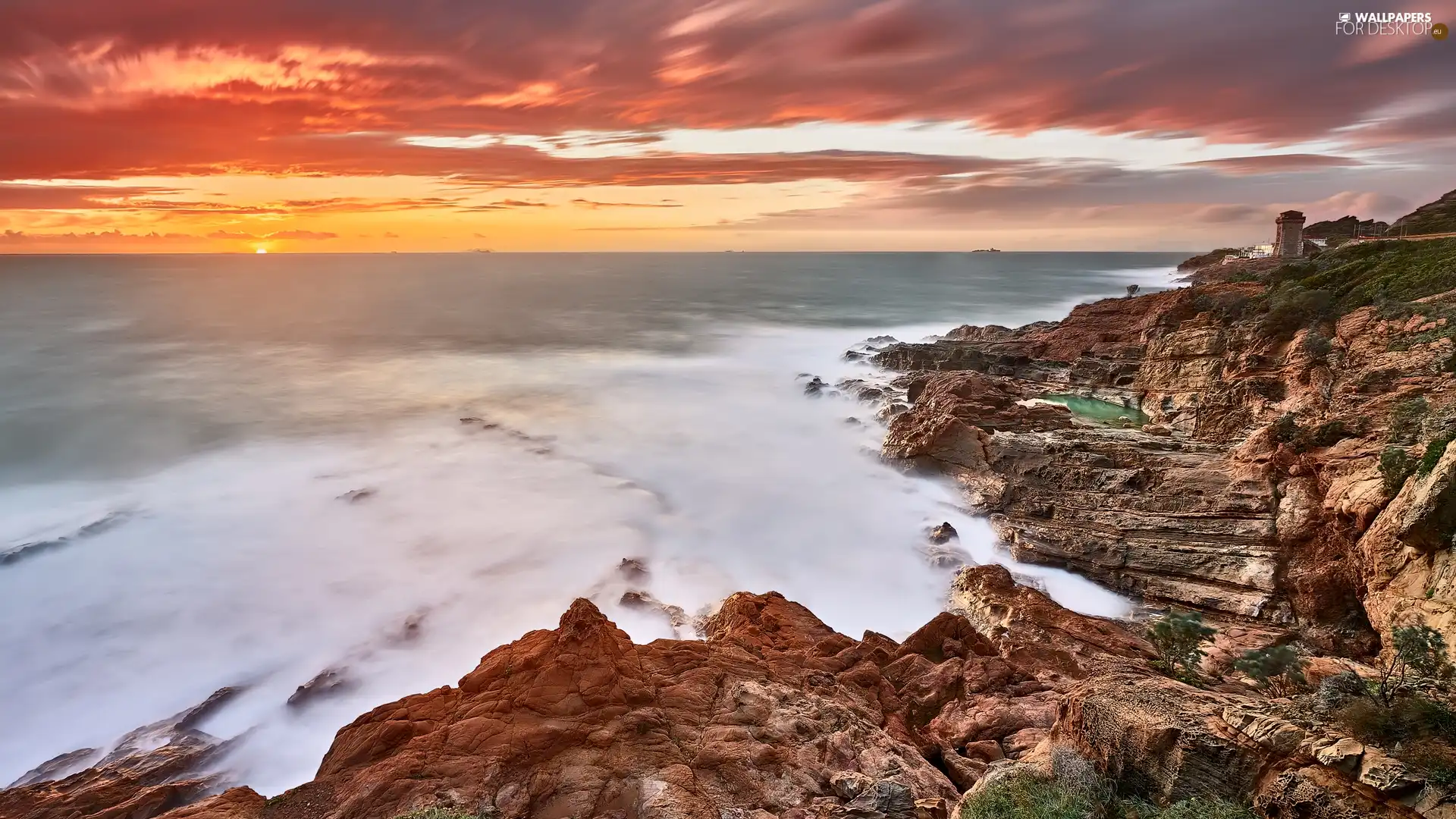 Coast, Great Sunsets, sea, rocks