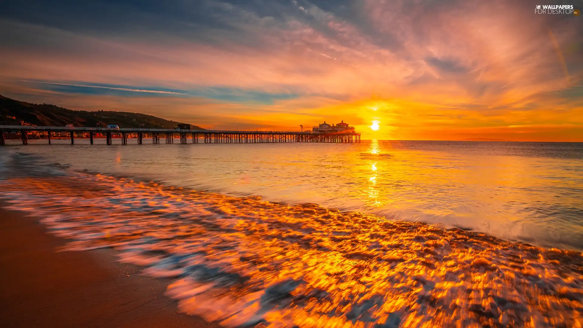 Great Sunsets, Beaches, California, pier, sea, Malibu, The United States