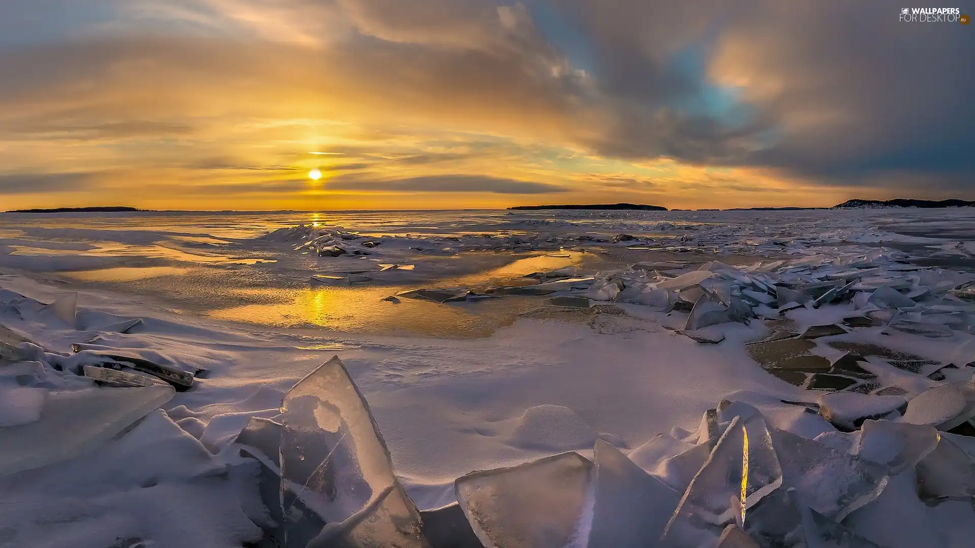 sea, Great Sunsets, winter, Chunks of Ice