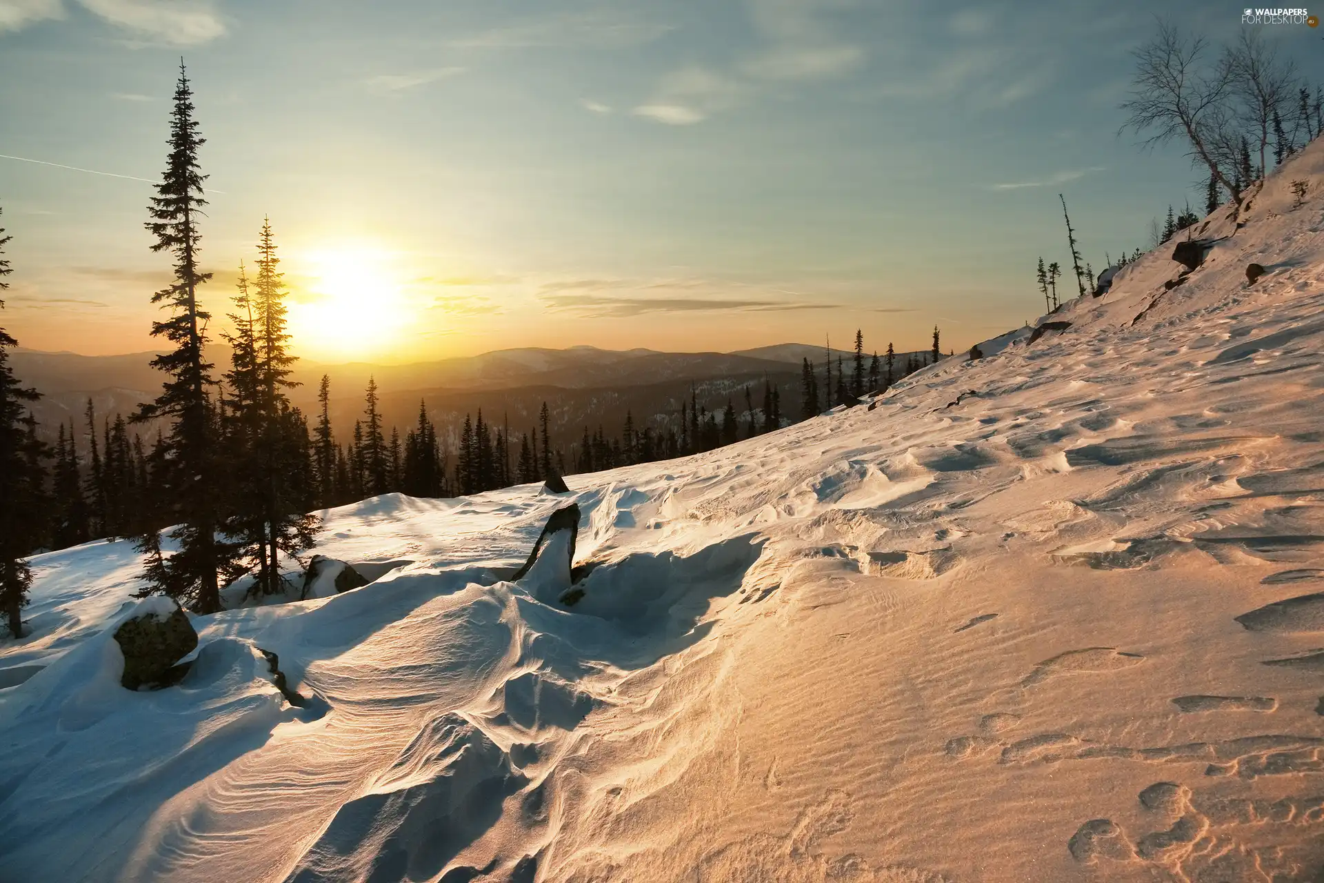 winter, rays, Great Sunsets, Mountains