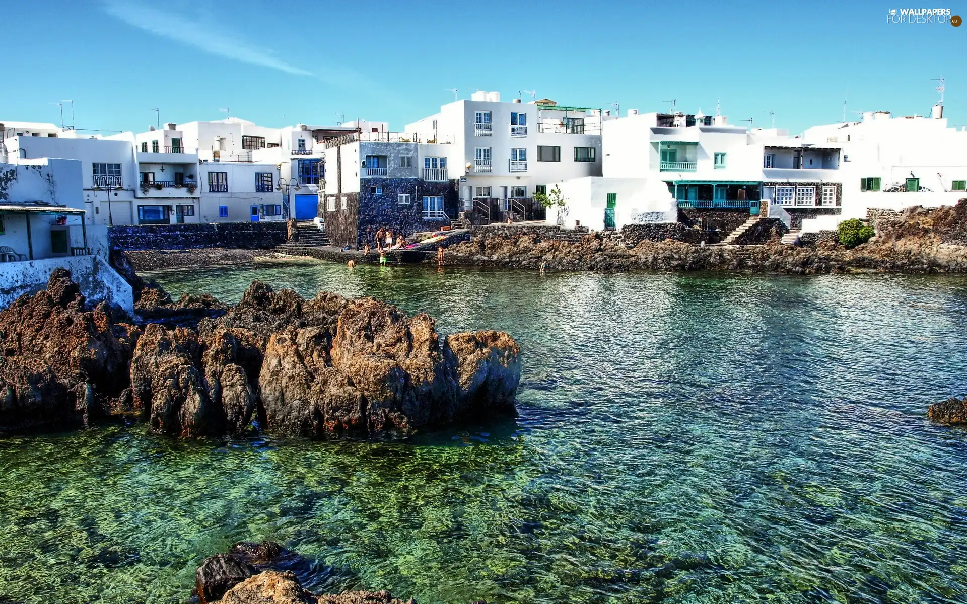 Houses, sea, Greece, rocks