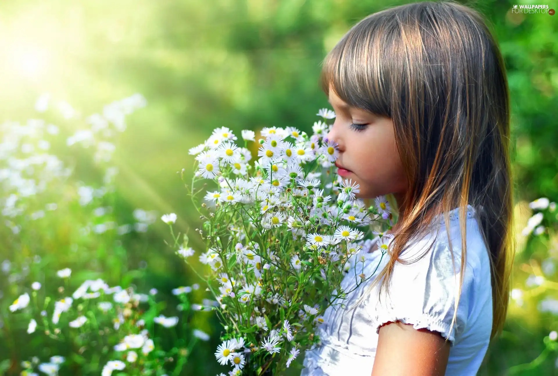 green, girl, Flowers