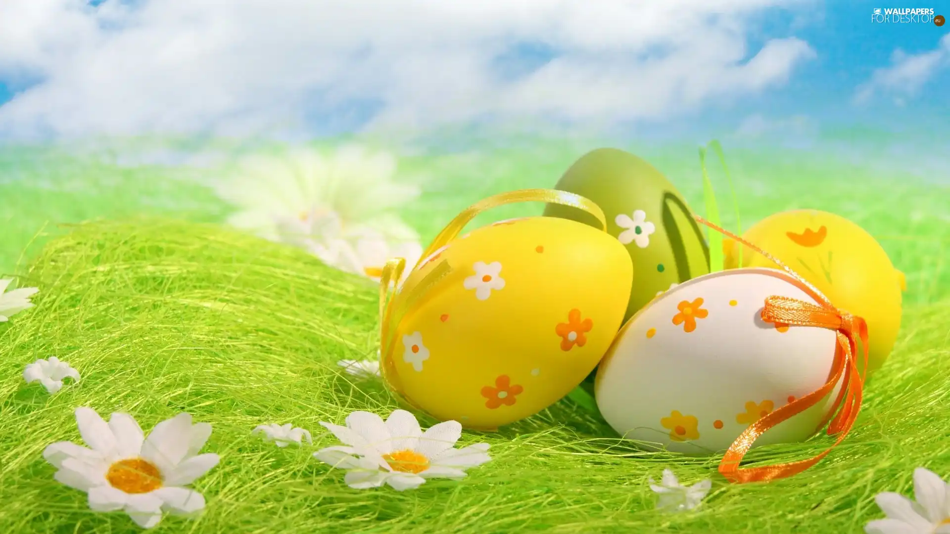 Green, grass, eggs, Flowers, easter