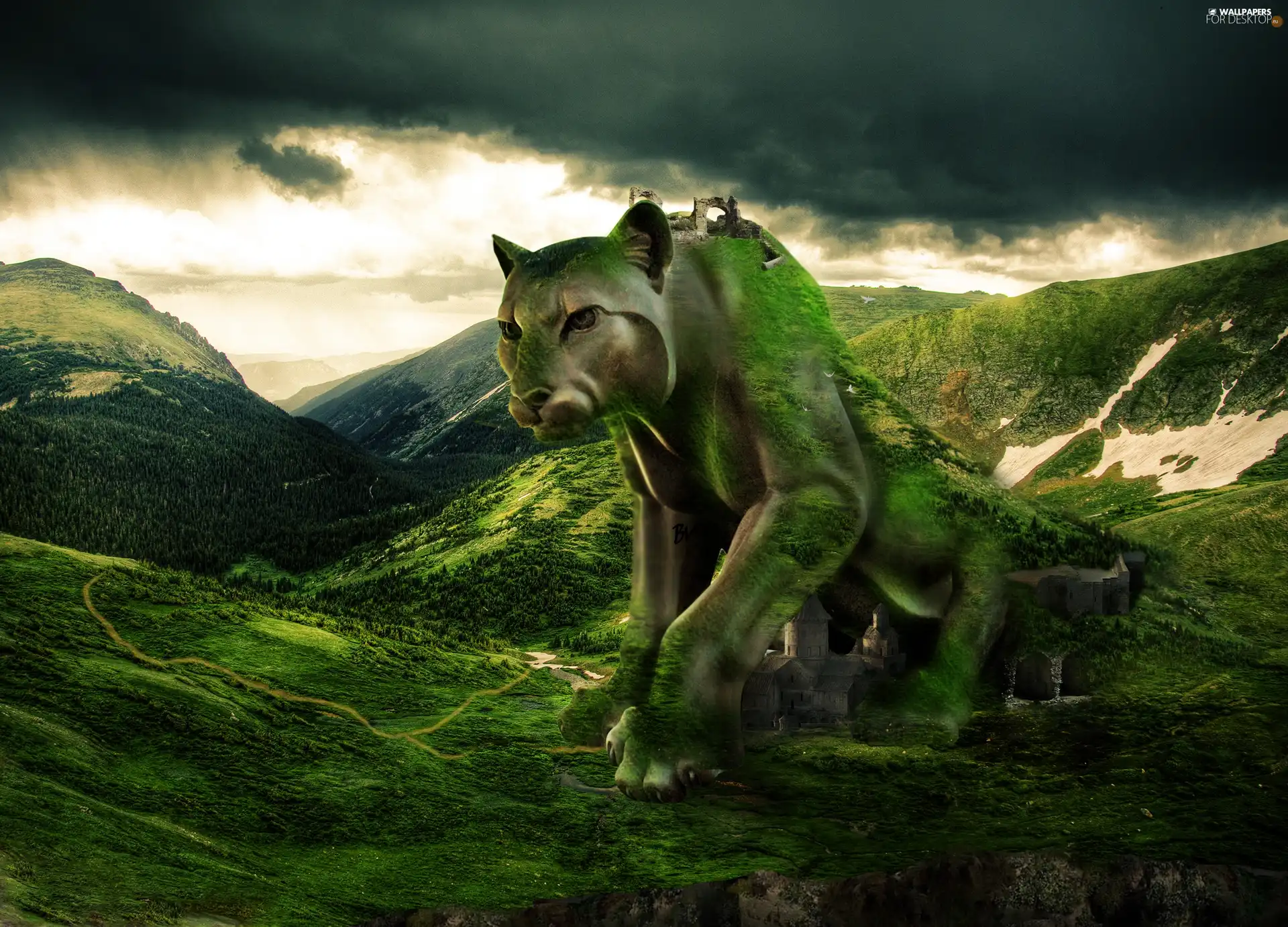 green, fantasy, Mountains
