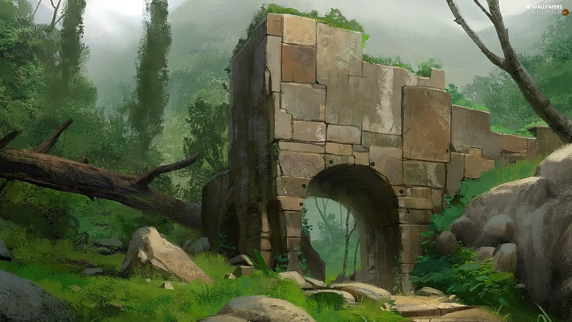 green, ruins, rocks