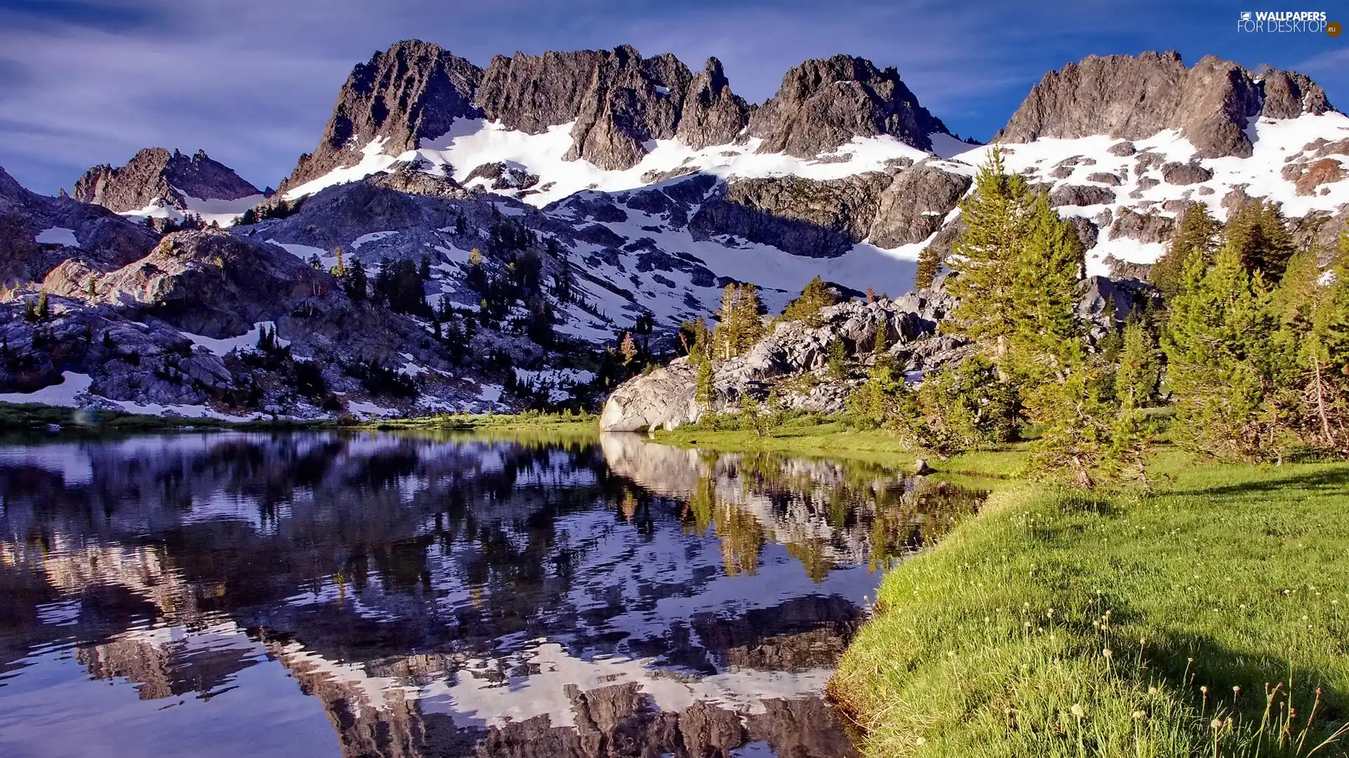 green, Mountains, water