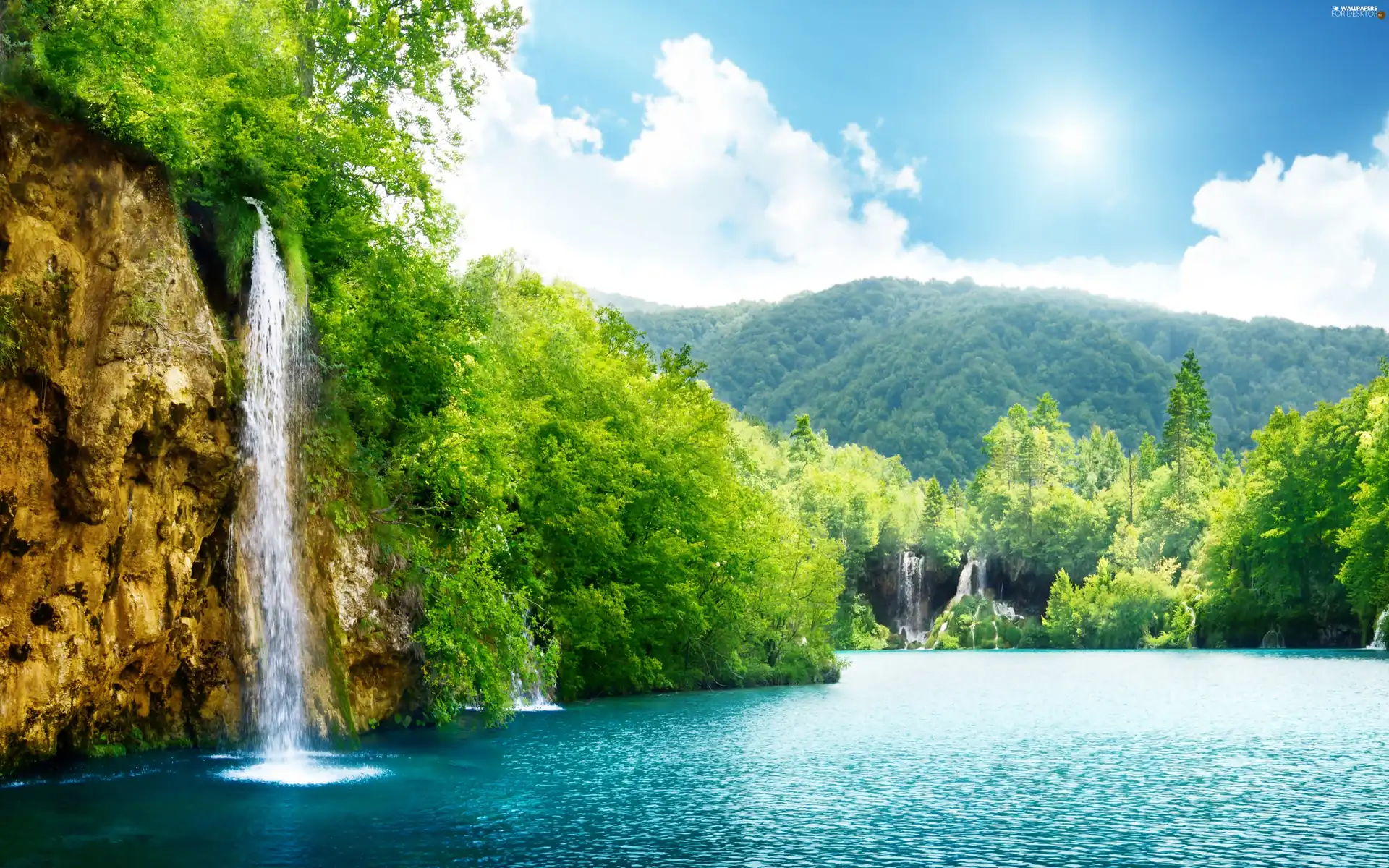 waterfall, Mountains, green, lake