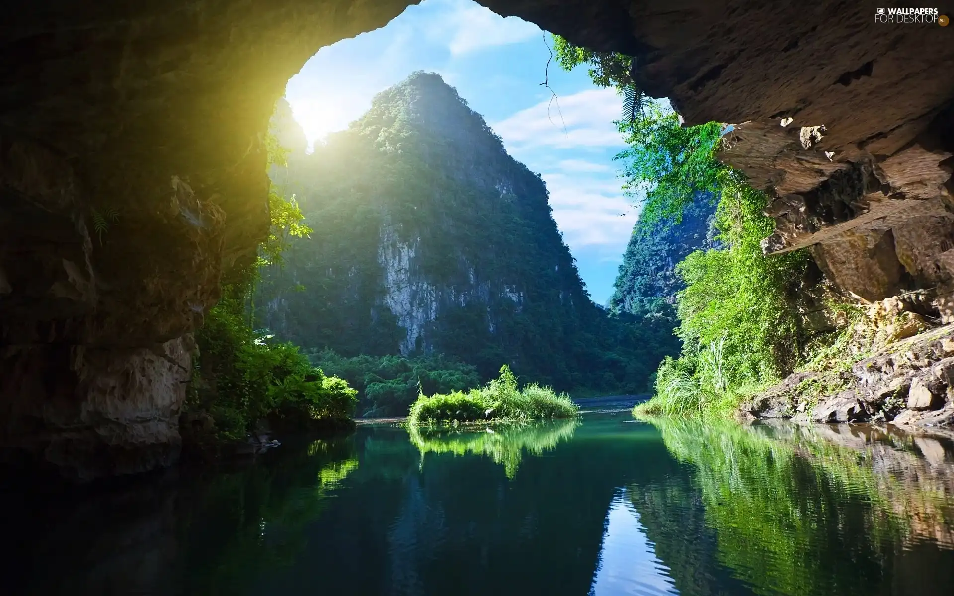 green, Wietnam, River, rocks, cave