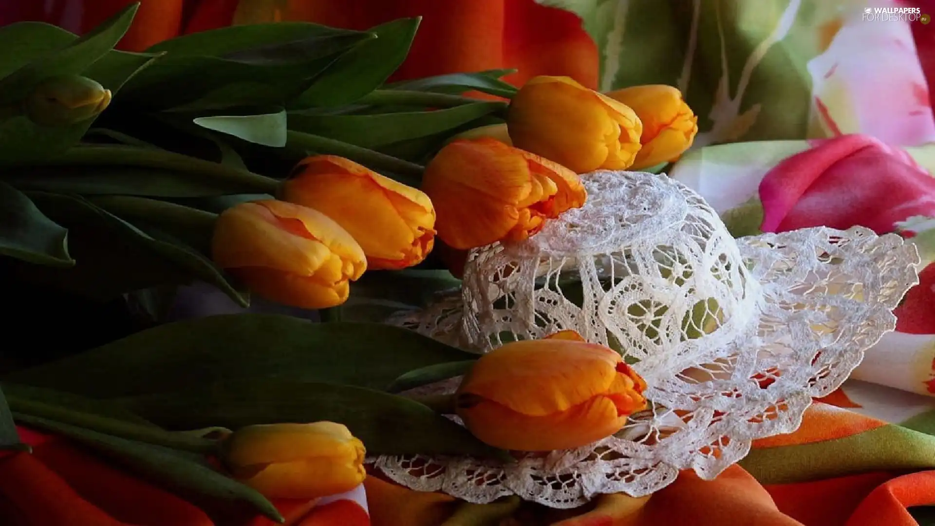 Orange, lacy, Hat, Tulips