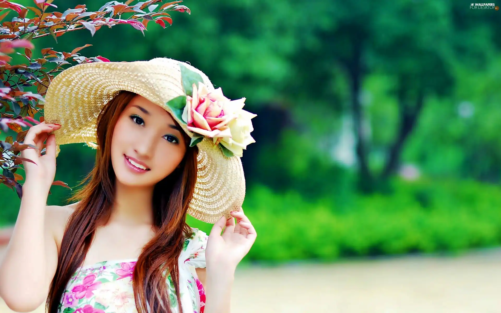 smiling, straw, Hat, Asian