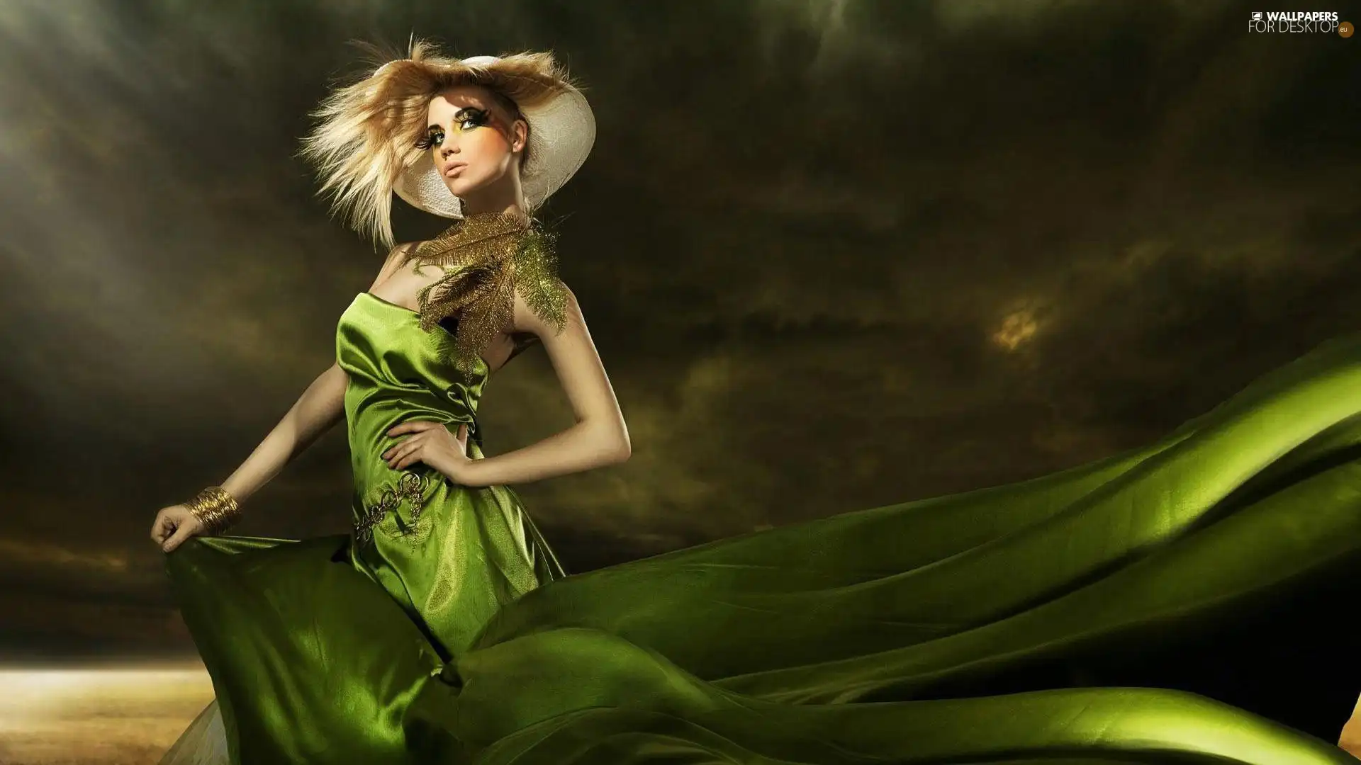 Women, Dress, Hat, Green