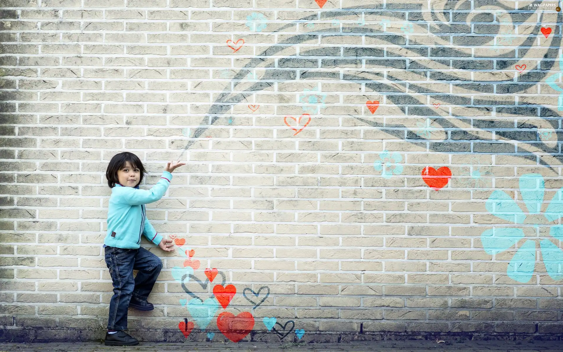 Kid, wall, heart, Drawing