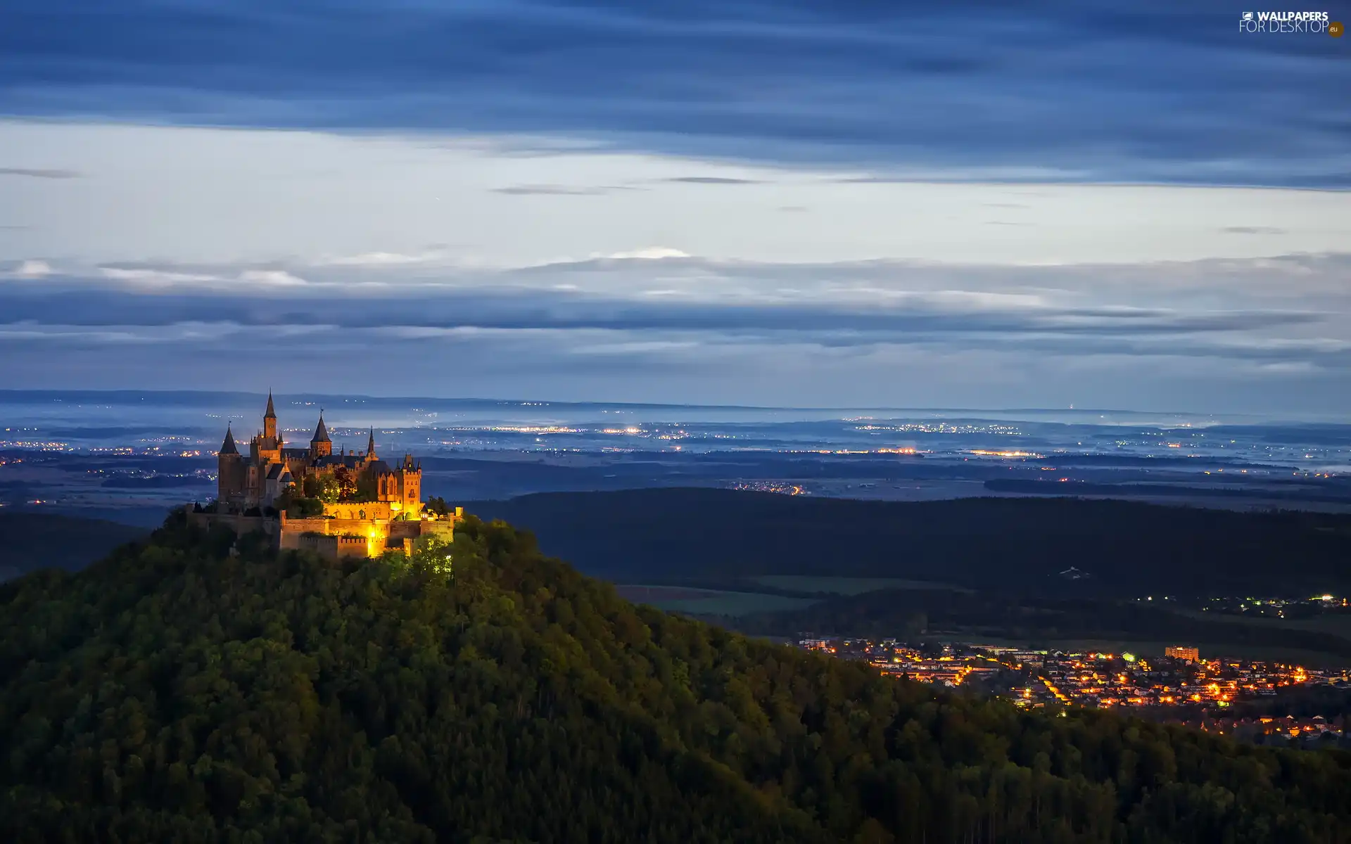 Hohenzollern Castle, Town, Germany, Sunrise, Baden-Württemberg, Floodlit, Hohenzollern Mountain, Hill