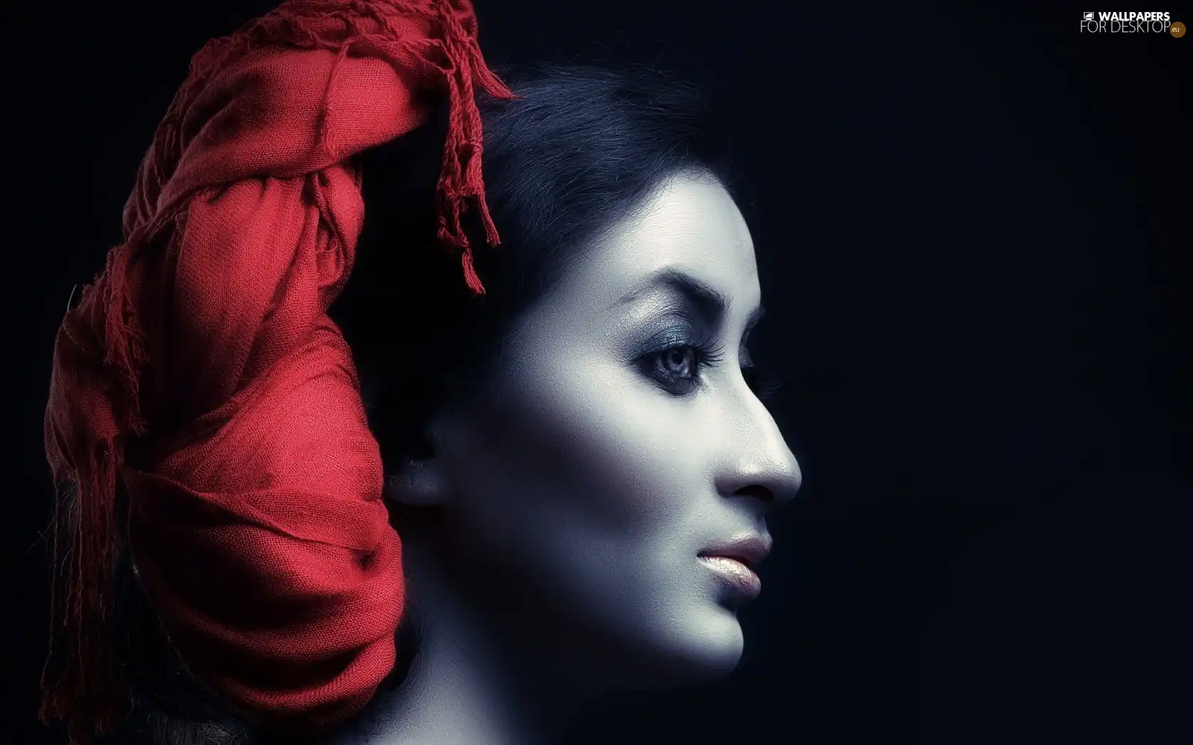 face, brunette, red hot, scarf, profile, make-up