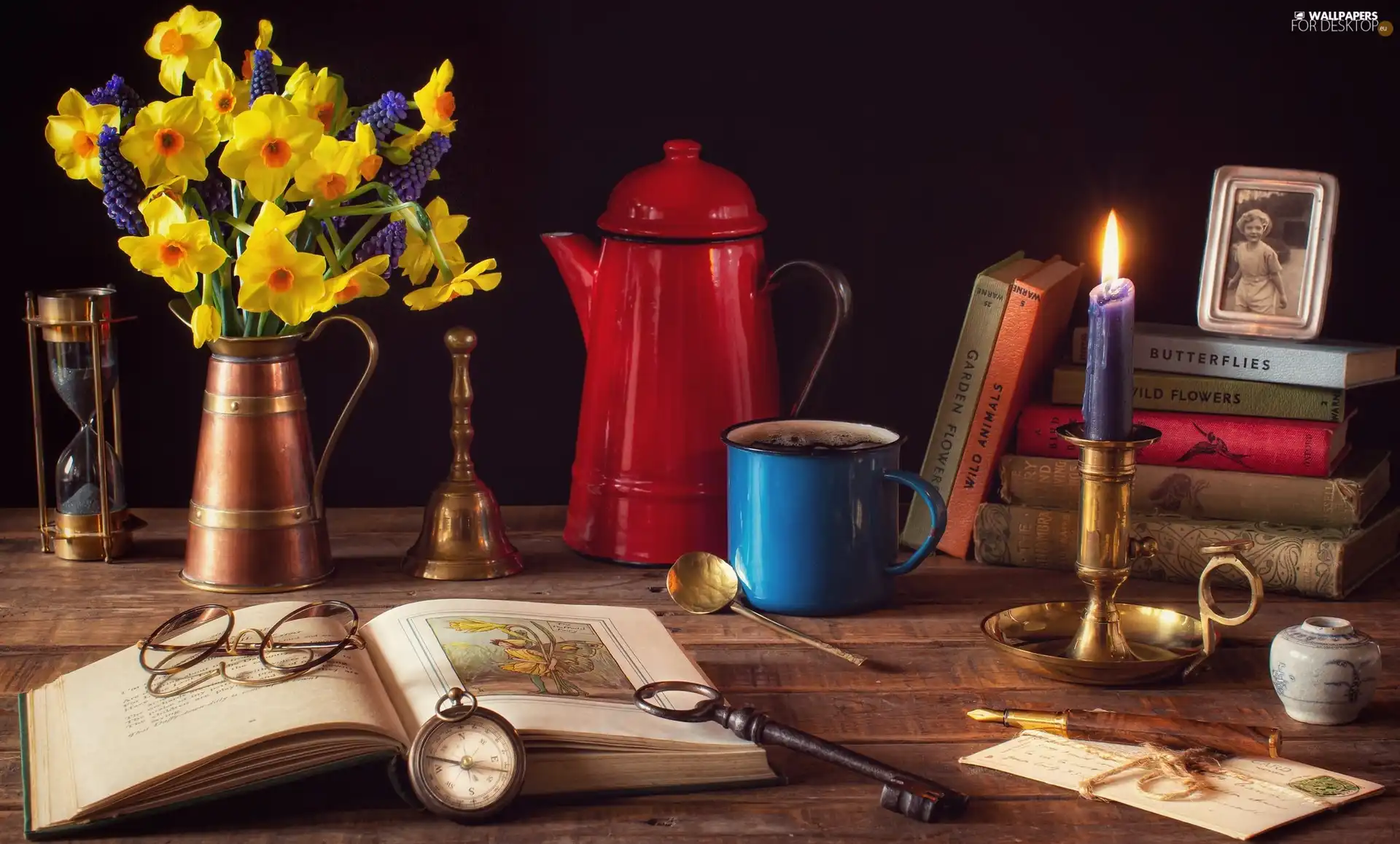 jug, Glasses, bell, hourglass, photography, Watch, Jonquil, Key, candle, composition, Cup, envelope, Book