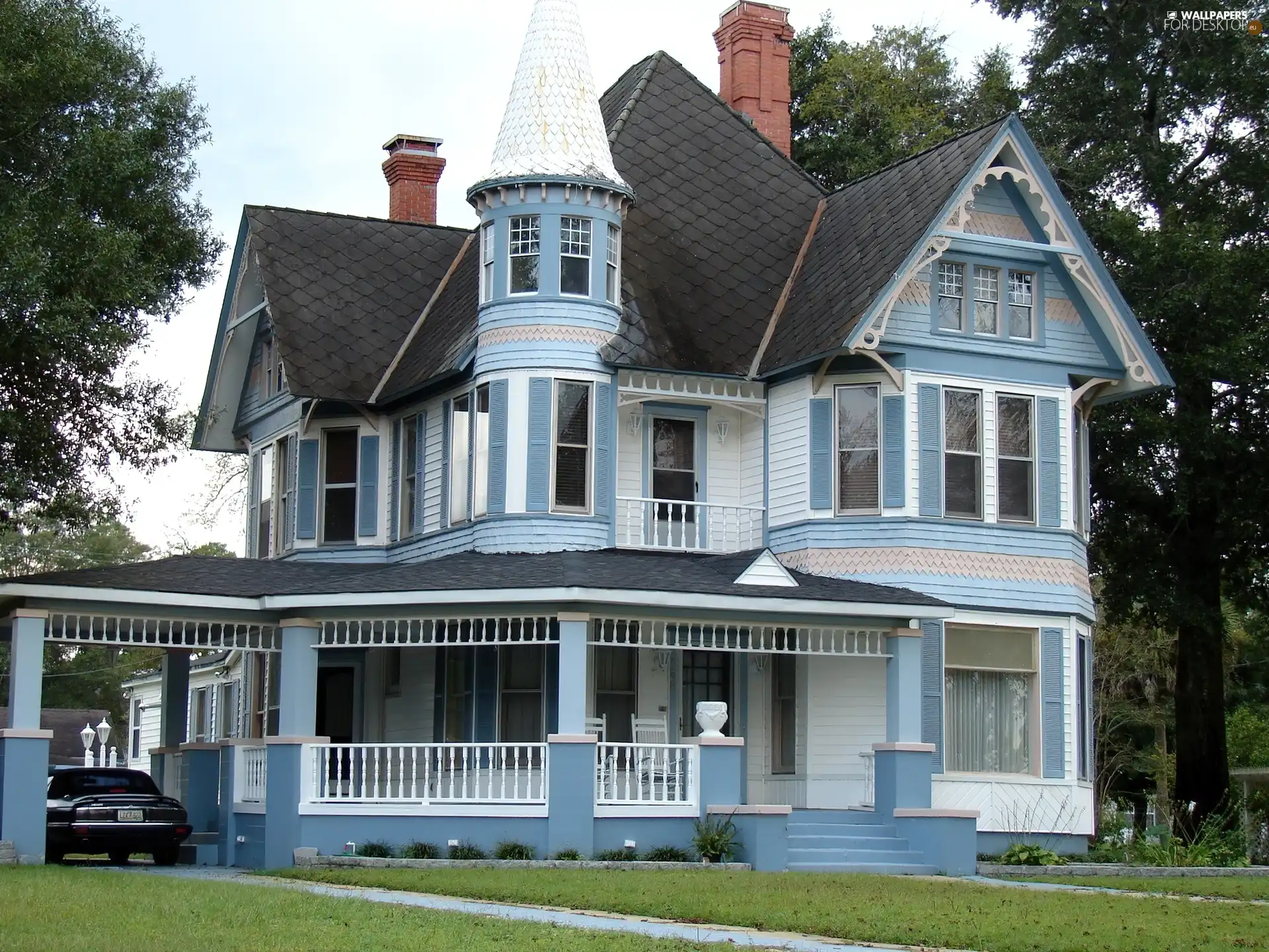 blue, Victorian, house, White