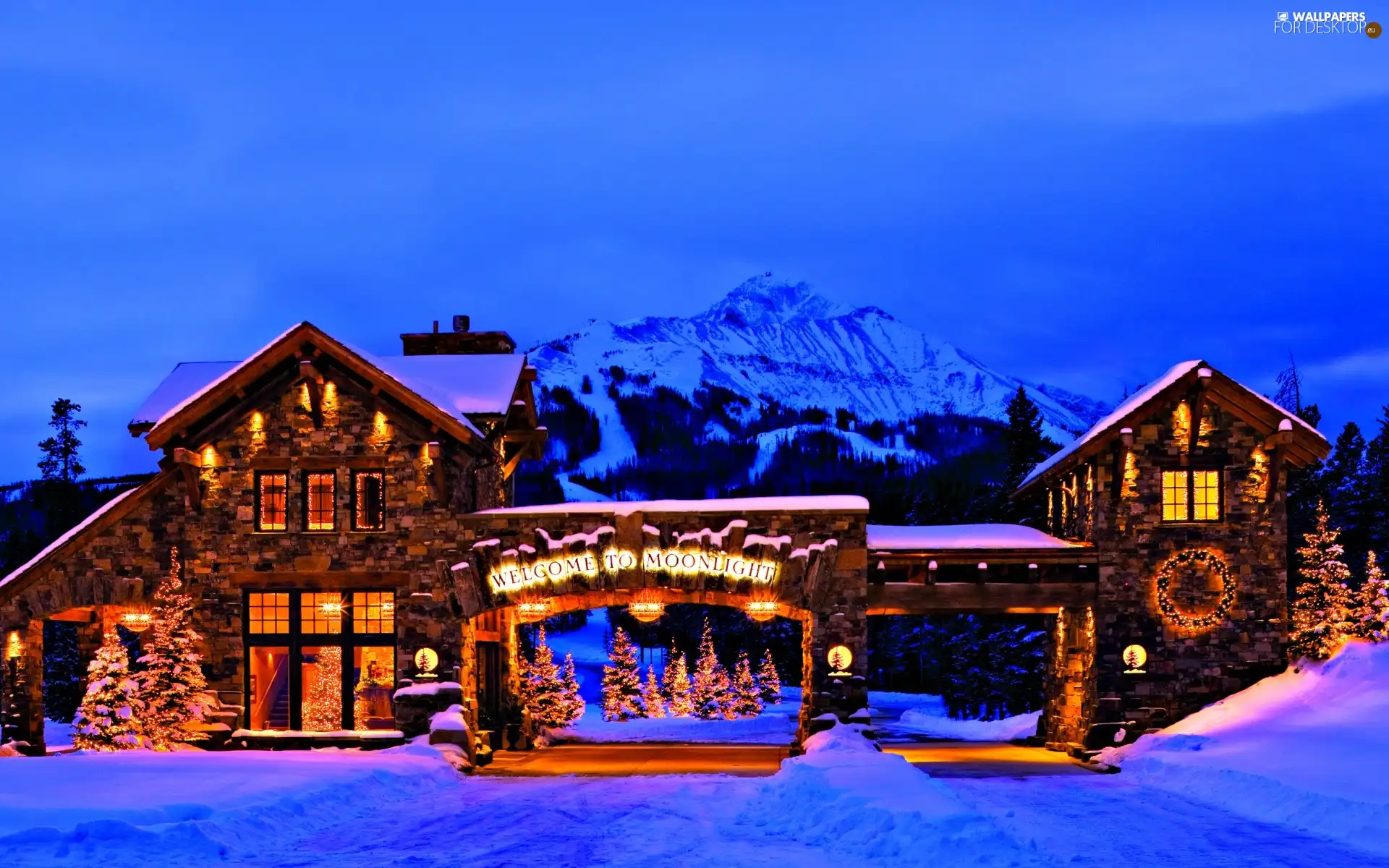 Mountains, Floodlit, house, winter