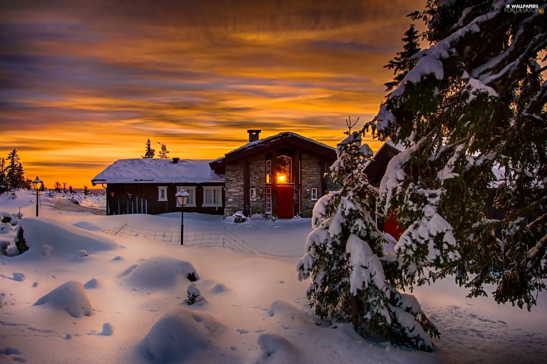 winter, sun, house, west