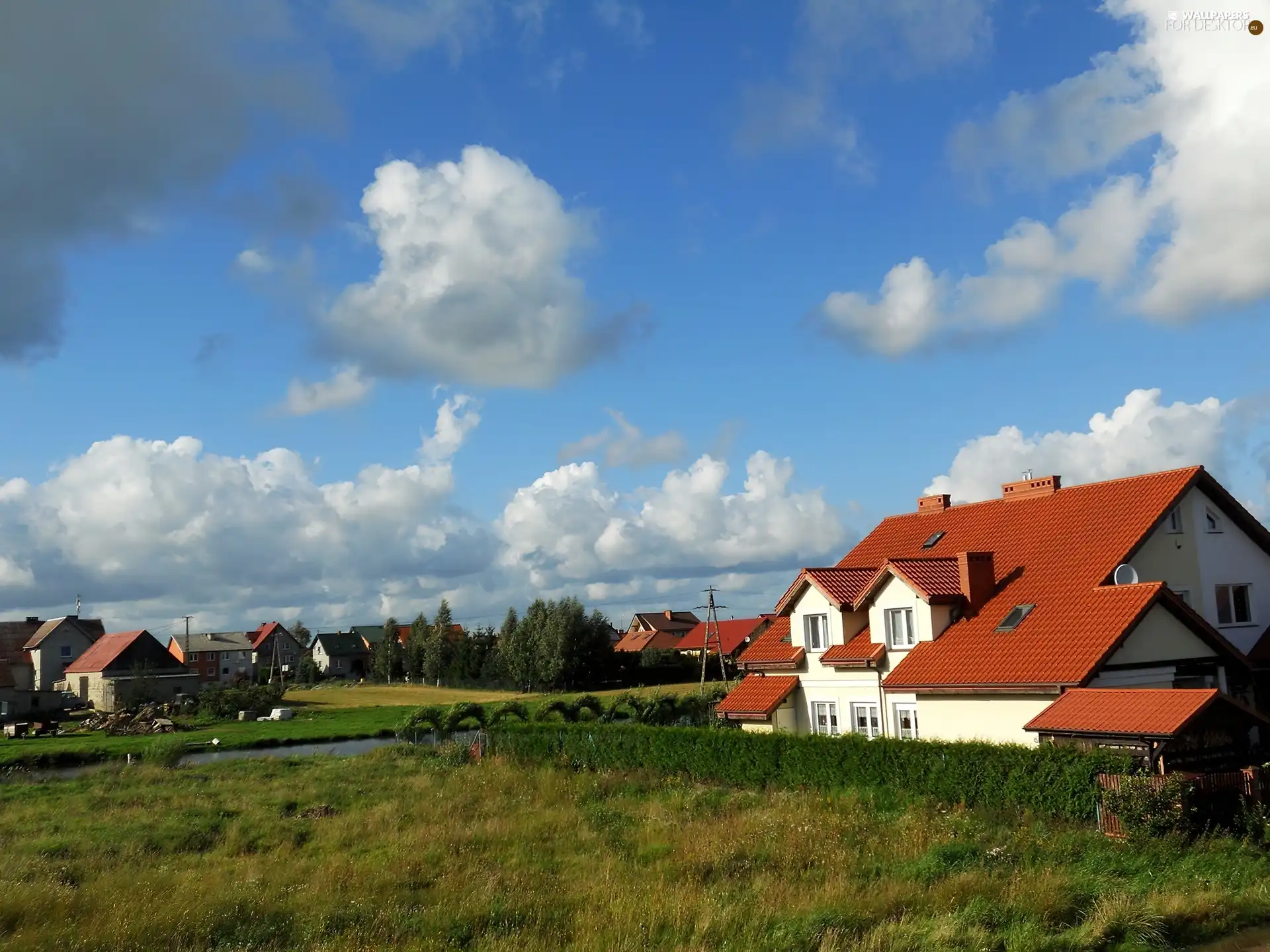 Pond - car, country, Houses