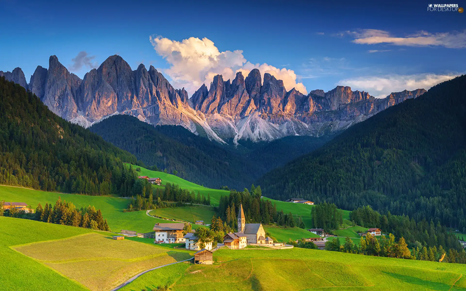 Santa Maddalena, Italy, Dolomites, Mountains, trees, Church, Houses, country, Val di Funes Valley, viewes, woods