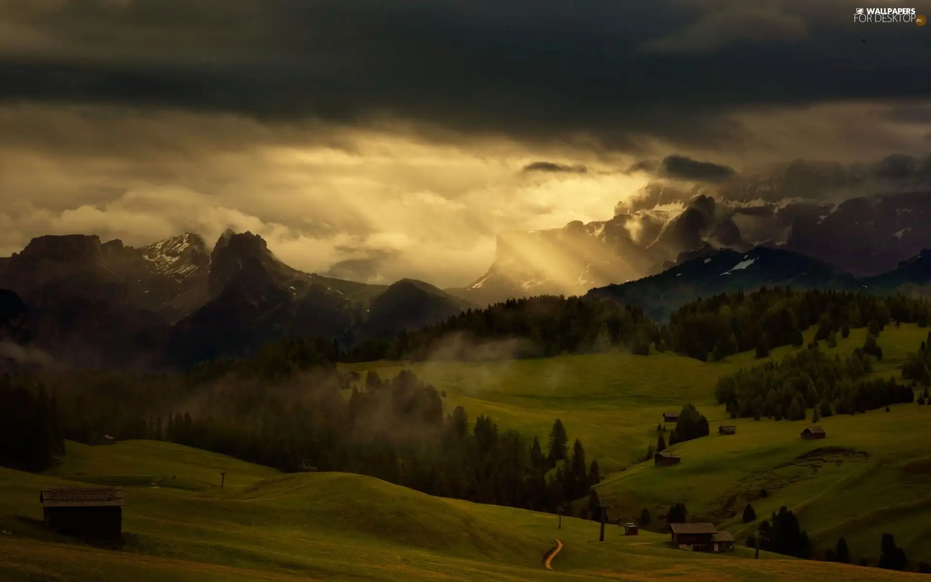 Mountains, Meadow, Houses, forest