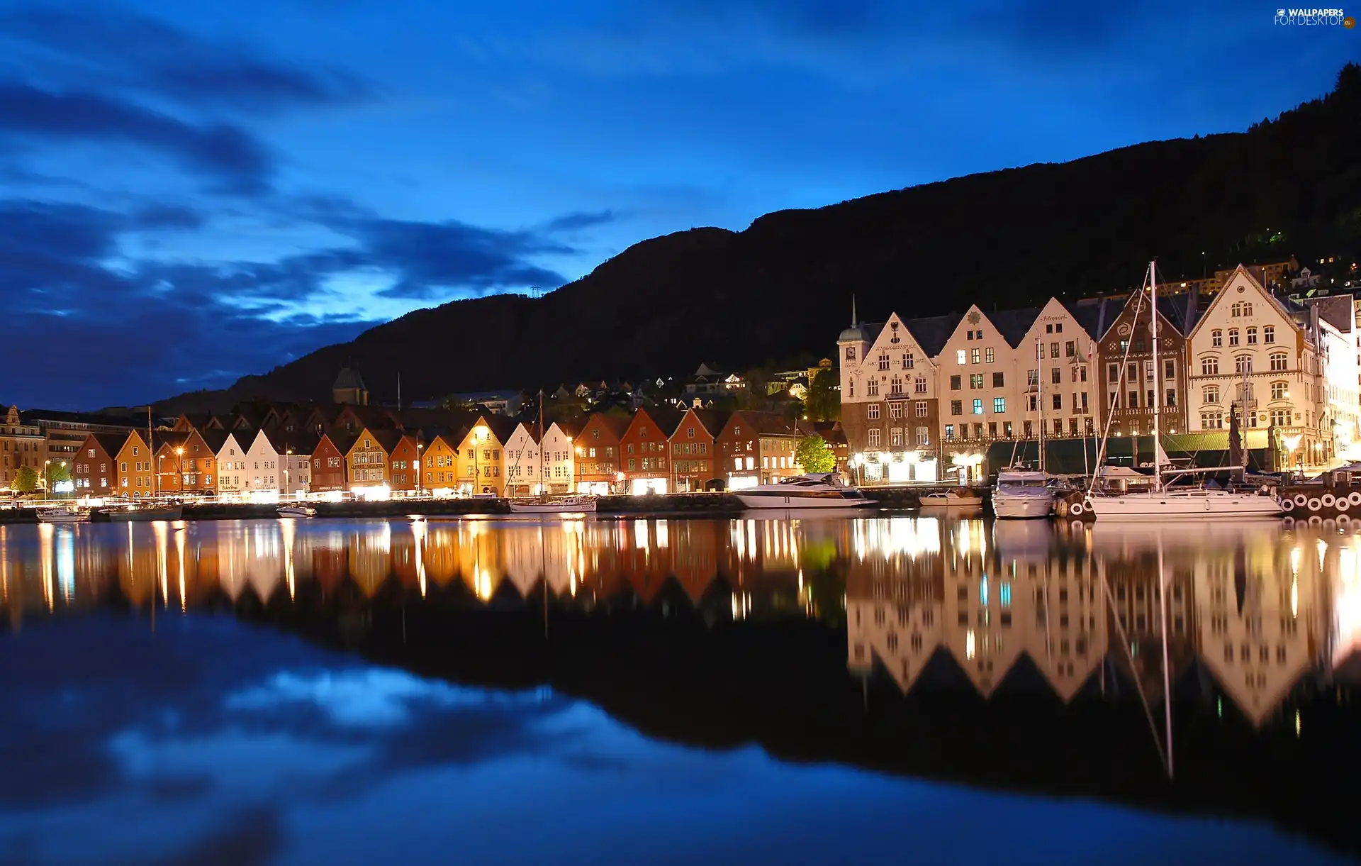 City at Night, Mountains, Houses