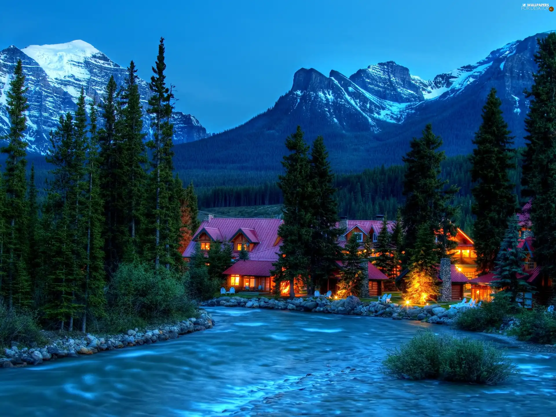 Houses, Night, forest, Mountains, lake