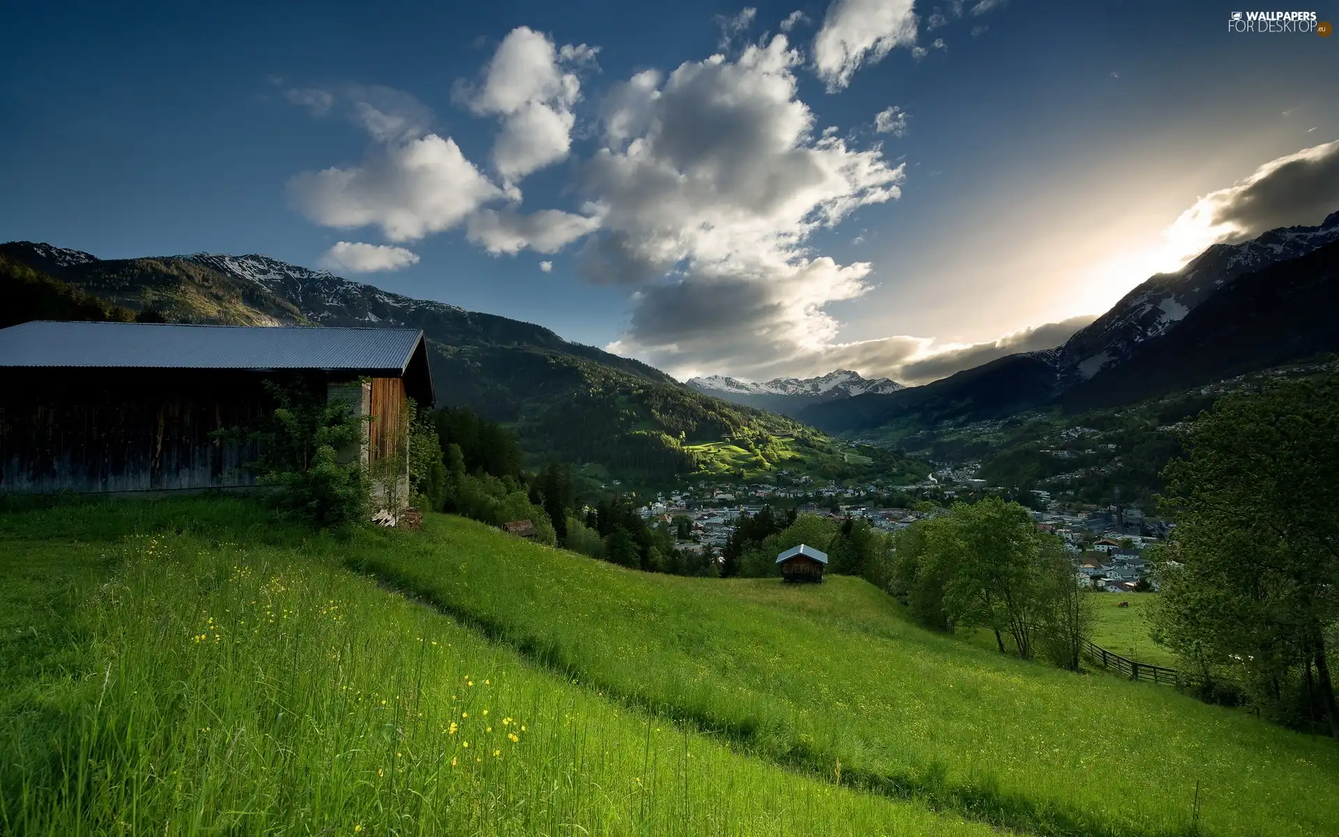 Meadow, Mountains, Houses, panorama, clouds, woods